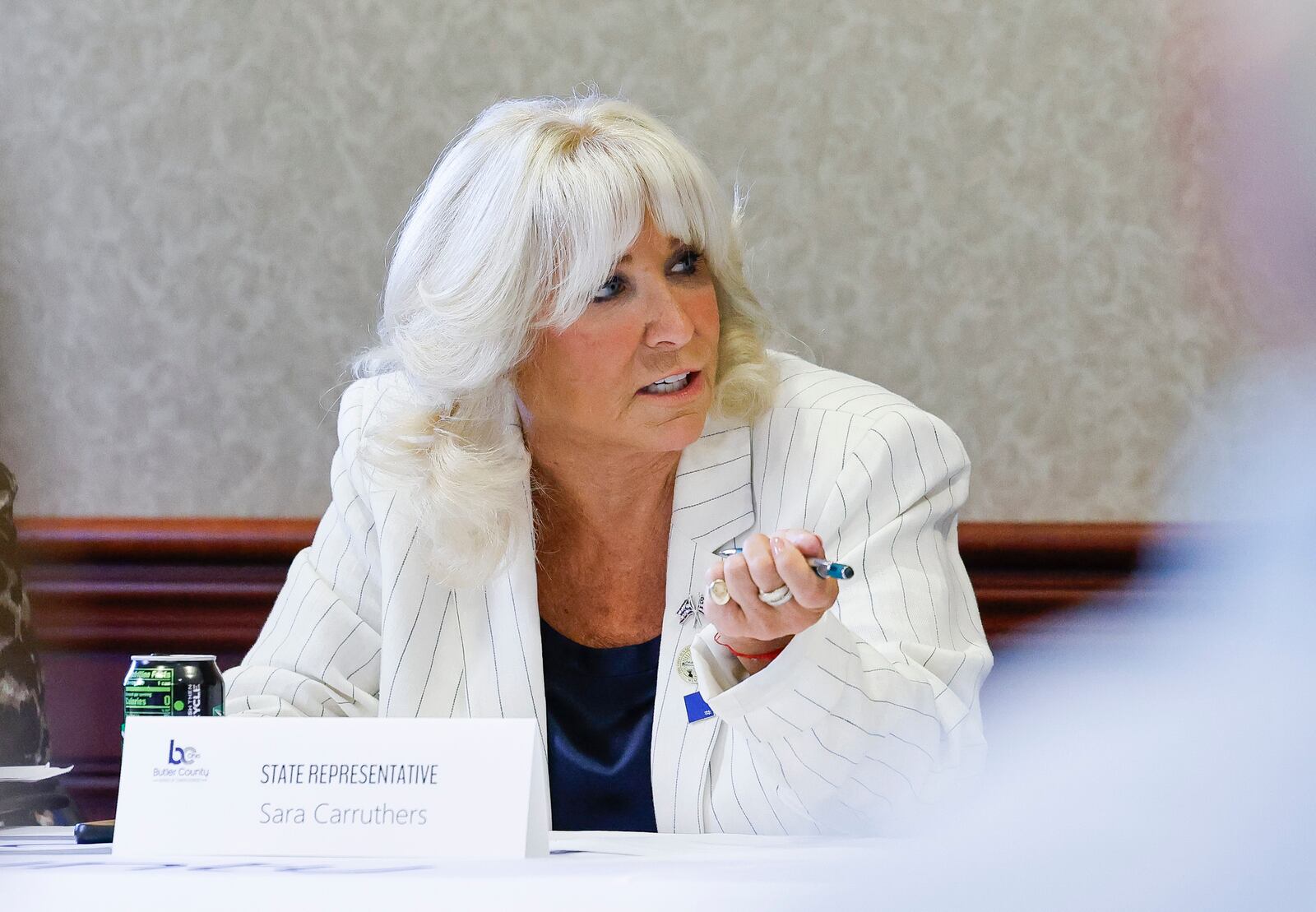 State Representative Sara Carruthers speaks during a meeting with Butler County Commissioners to discuss property taxes with state legislators and other elected officials Monday, June 24, 2024 in Hamilton. NICK GRAHAM/STAFF