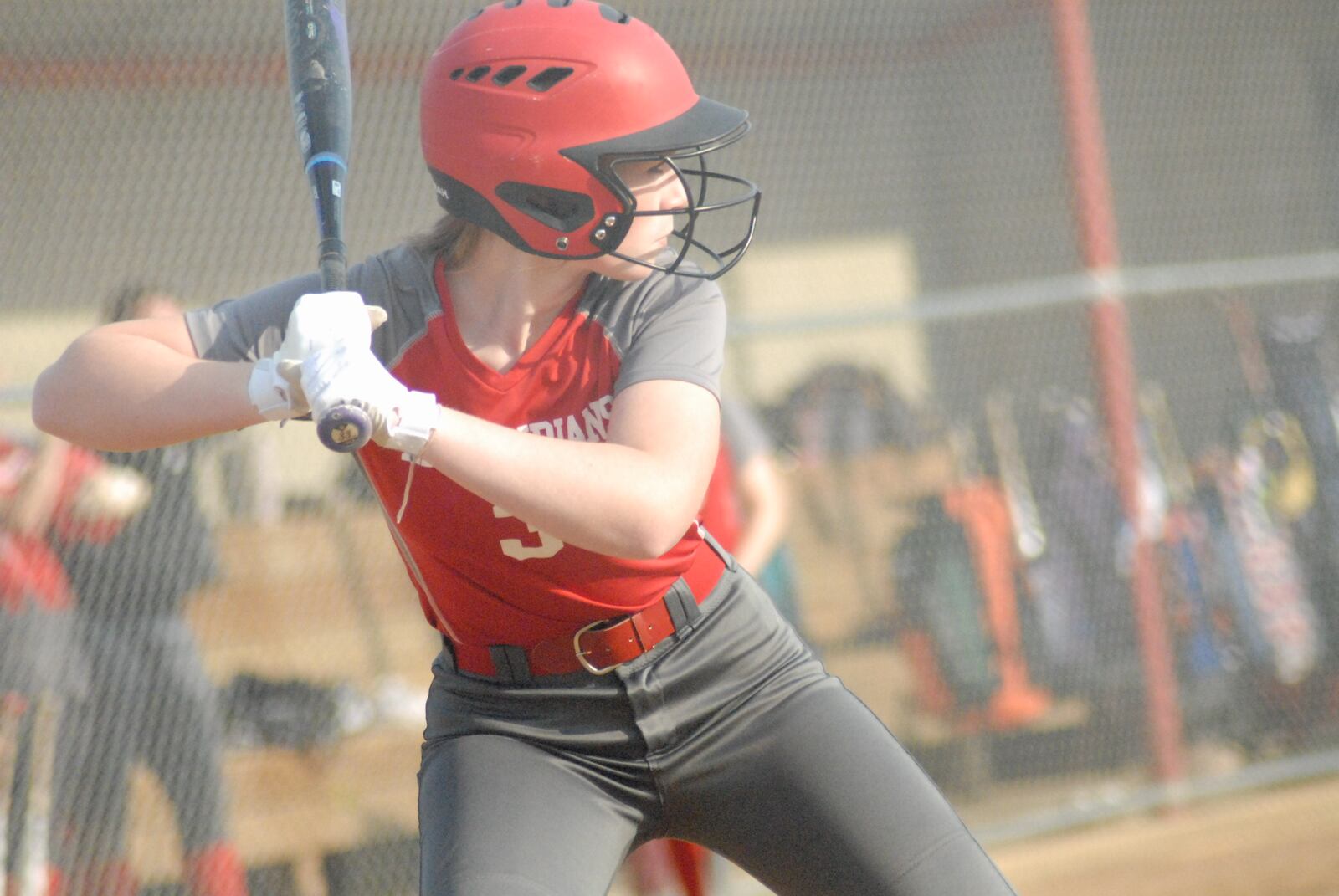 Carlisle junior Layla Knapp waits on a pitch during the Indians' 12-2 win over visiting Talawanda on Tuesday. Chris Vogt/CONTRIBUTED