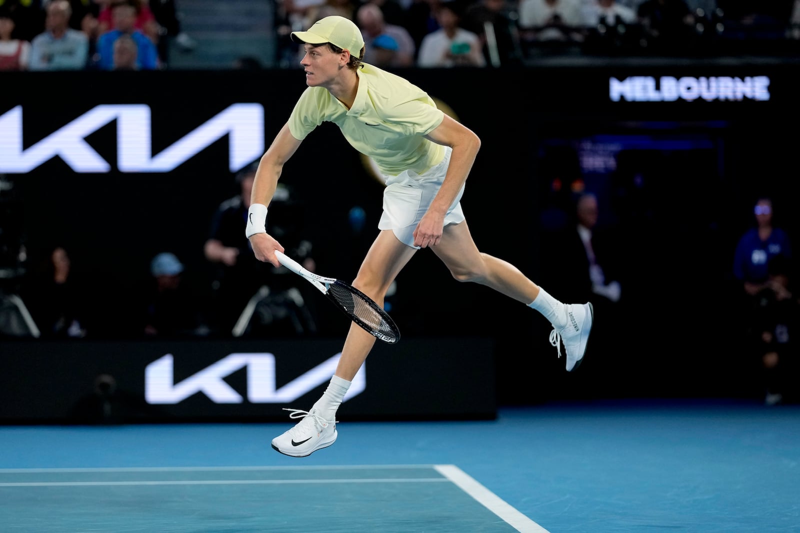 Jannik Sinner of Italy serves to Alexander Zverev of Germany during the men's singles final at the Australian Open tennis championship in Melbourne, Australia, Sunday, Jan. 26, 2025. (AP Photo/Asanka Brendon Ratnayake)