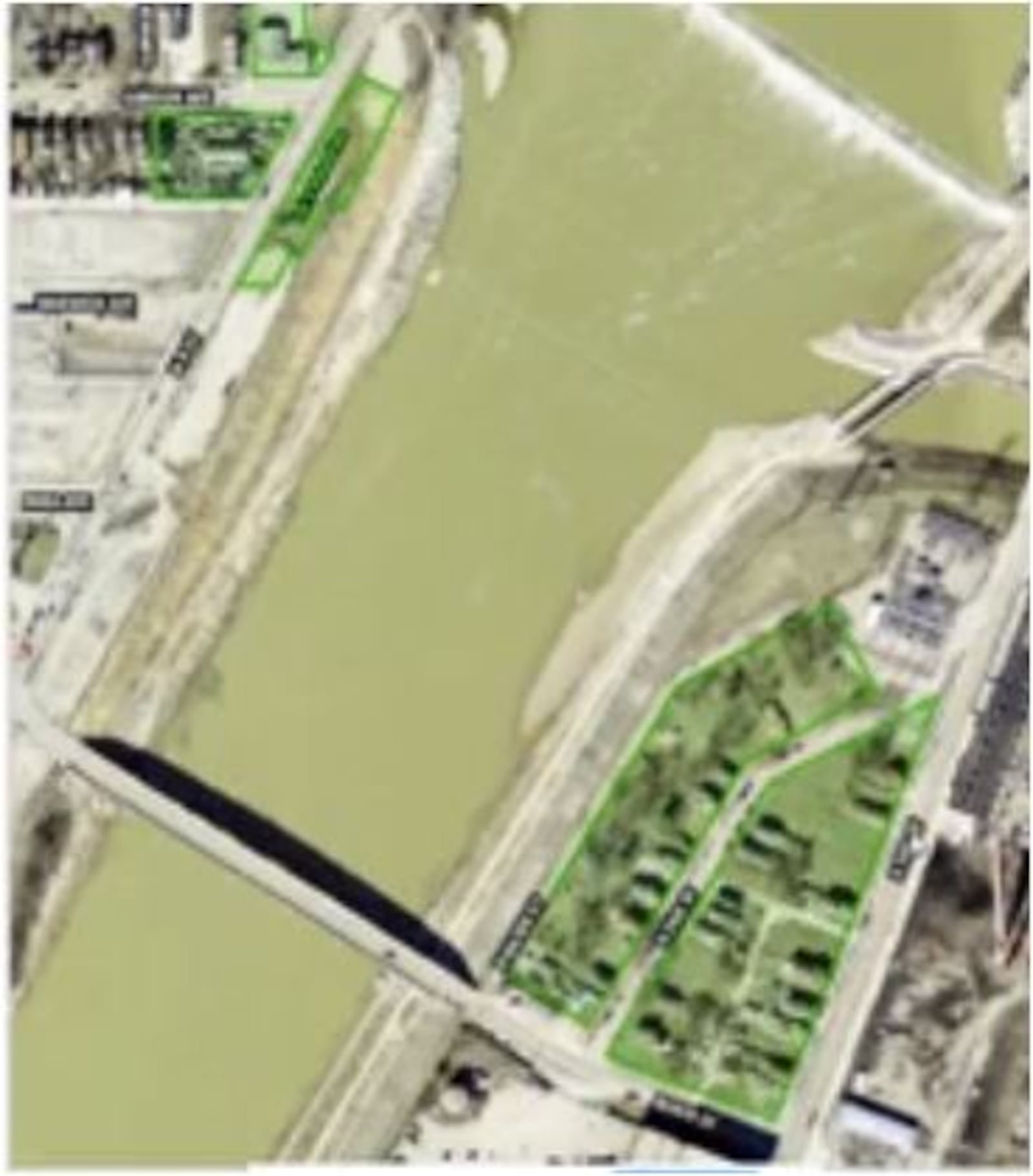 The areas shown in green are additional areas the city wants to purchase to create 500-750 more parking spaces for Spooky Nook Sports Champion Mill. PROVIDED