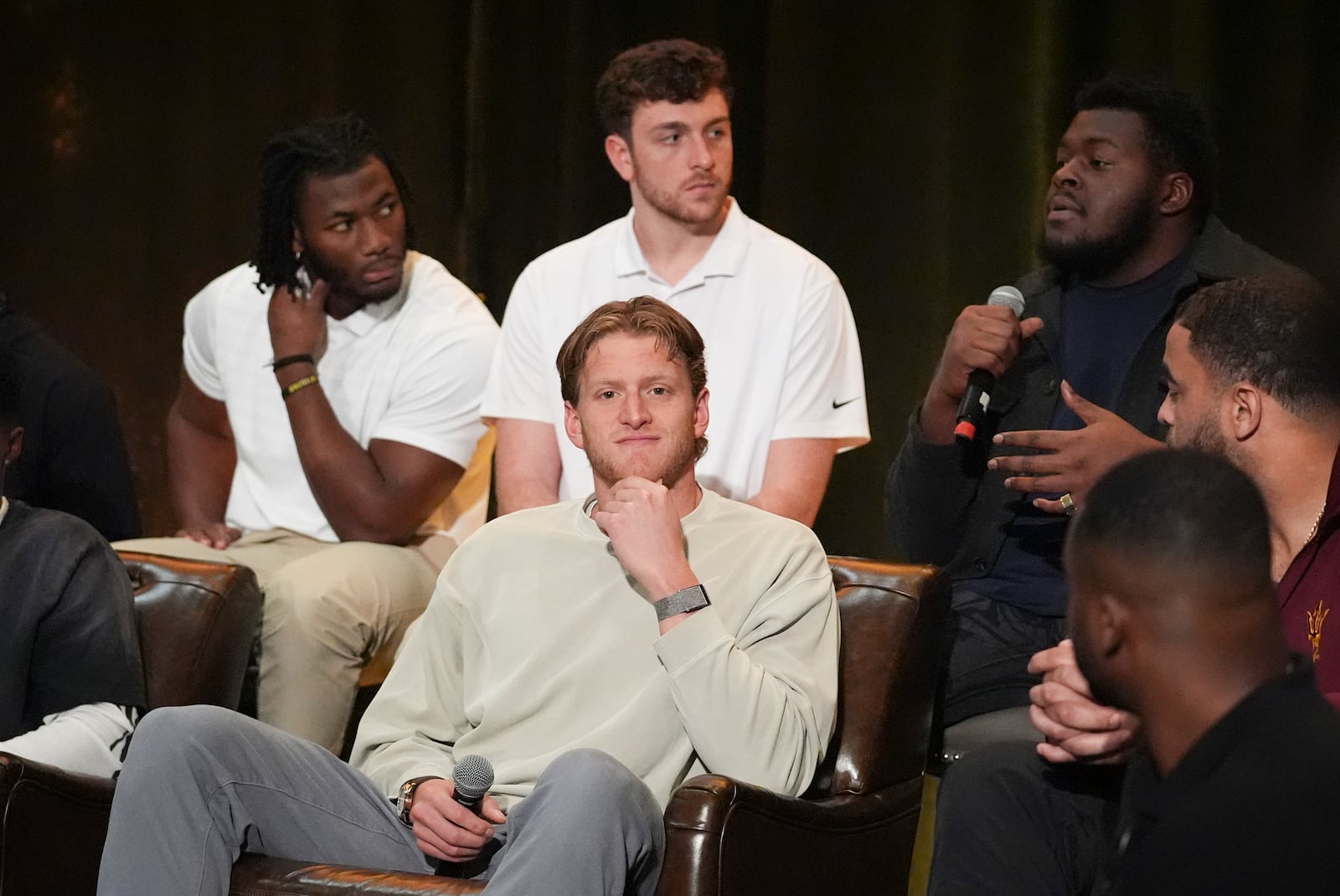 College football player Kardell Thomas speaks during a players association for college athletes meeting ahead of the college football's national title game, Saturday, Jan. 18, 2025, in Atlanta. (AP Photo/Brynn Anderson)