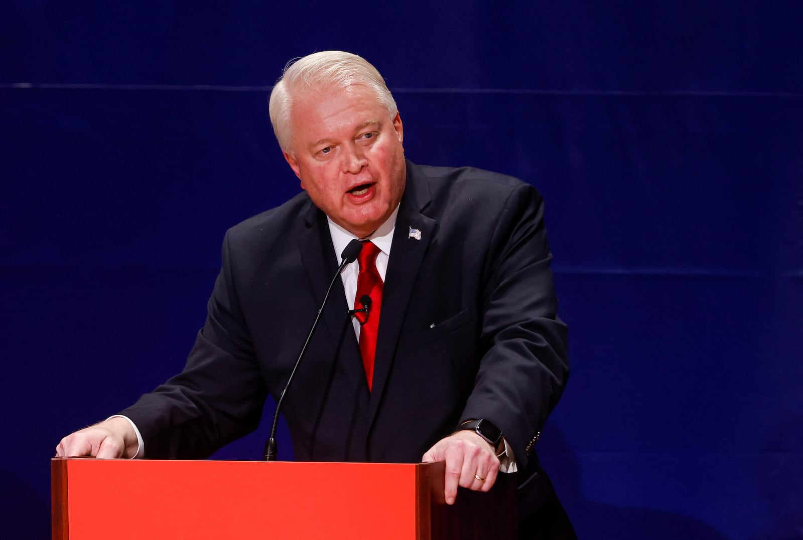 Candidate Mike Gibbons answers questions during the Ohio U.S. Senate Primary Republican candidate debate hosted by Miami University and WLWT Tuesday, April 5, 2022 at Harry T. Wilks Theatre inside Armstrong Student Center on the Miami University campus in Oxford. NICK GRAHAM/STAFF