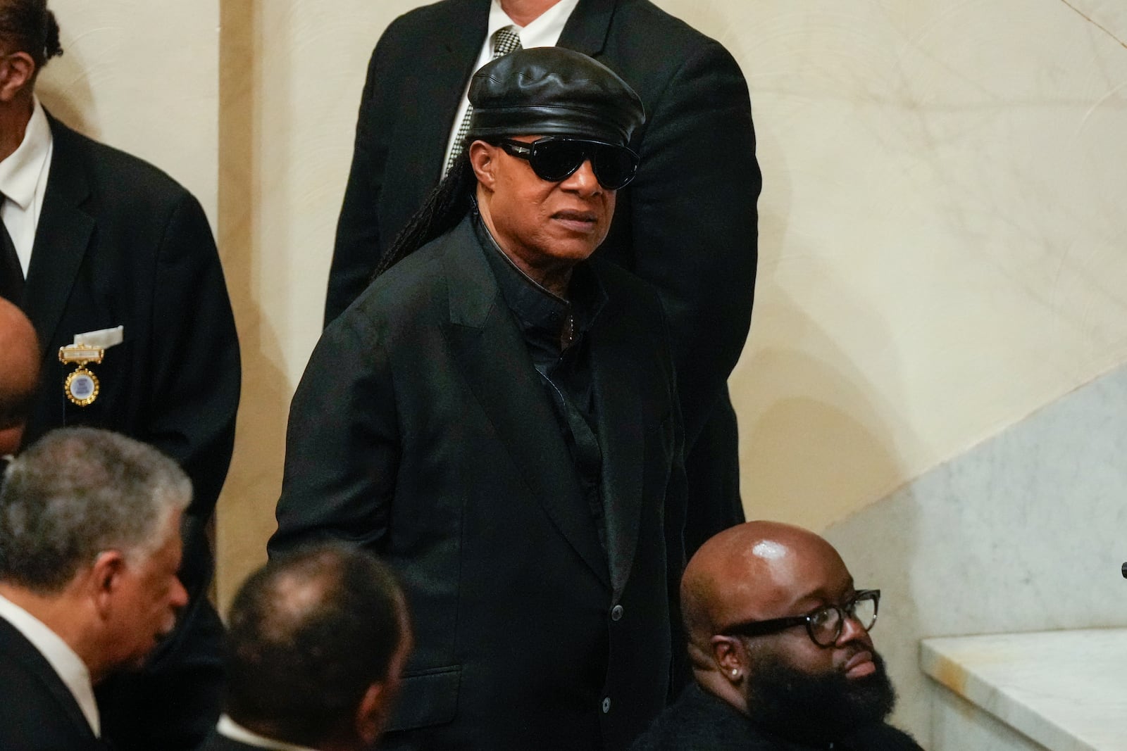 Stevie Wonder attends a ceremony in celebration of Roberta Flack's life at The Abyssinian Baptist Church on Monday, March 10, 2025, in New York. (AP Photo/Richard Drew)