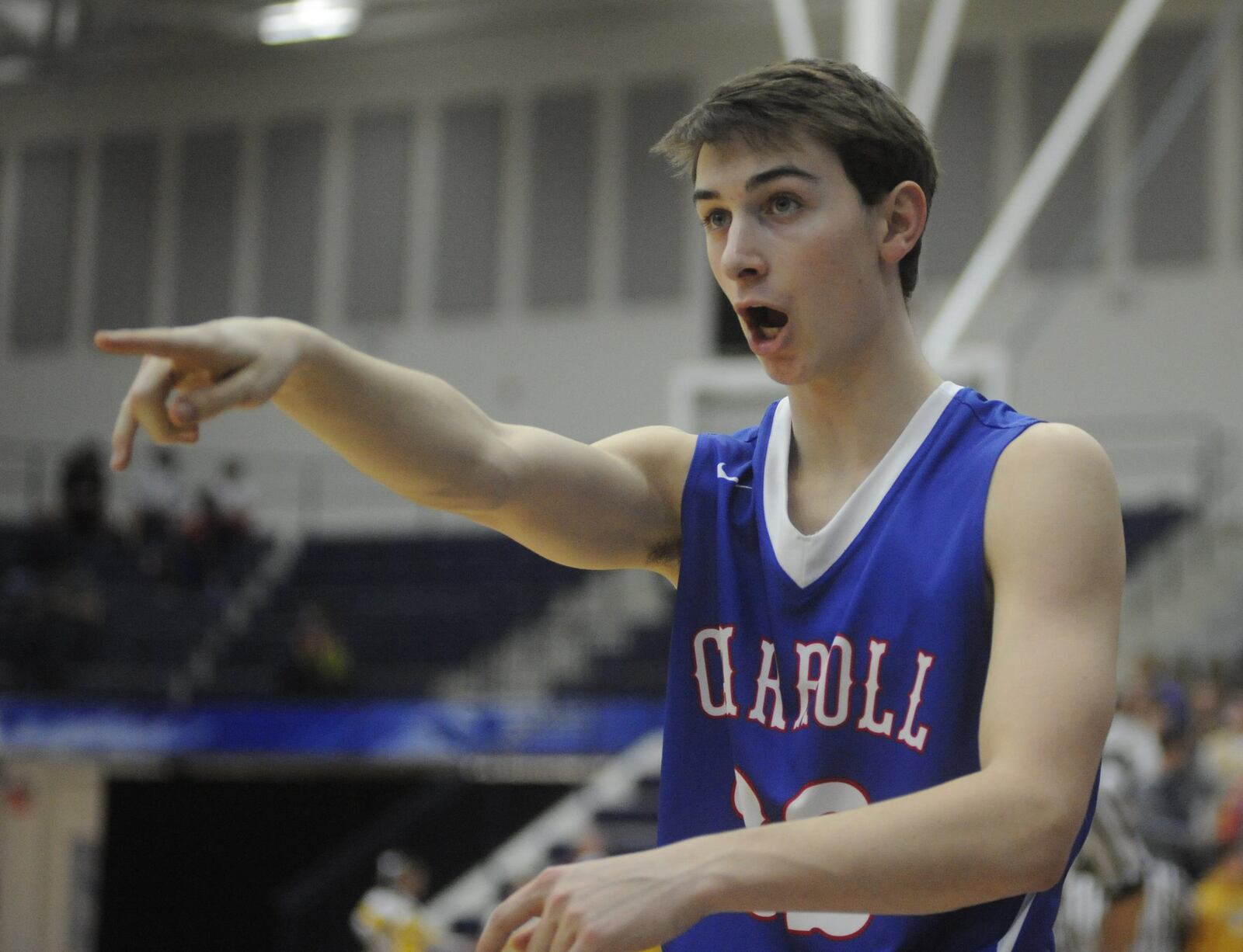 Carroll’s Matt Cogan makes a gesture during the Patriots’ 53-42 win over Alter in a Division II sectional semifinal at Fairmont’s Trent Arena on March 1, 2017. MARC PENDLETON/STAFF