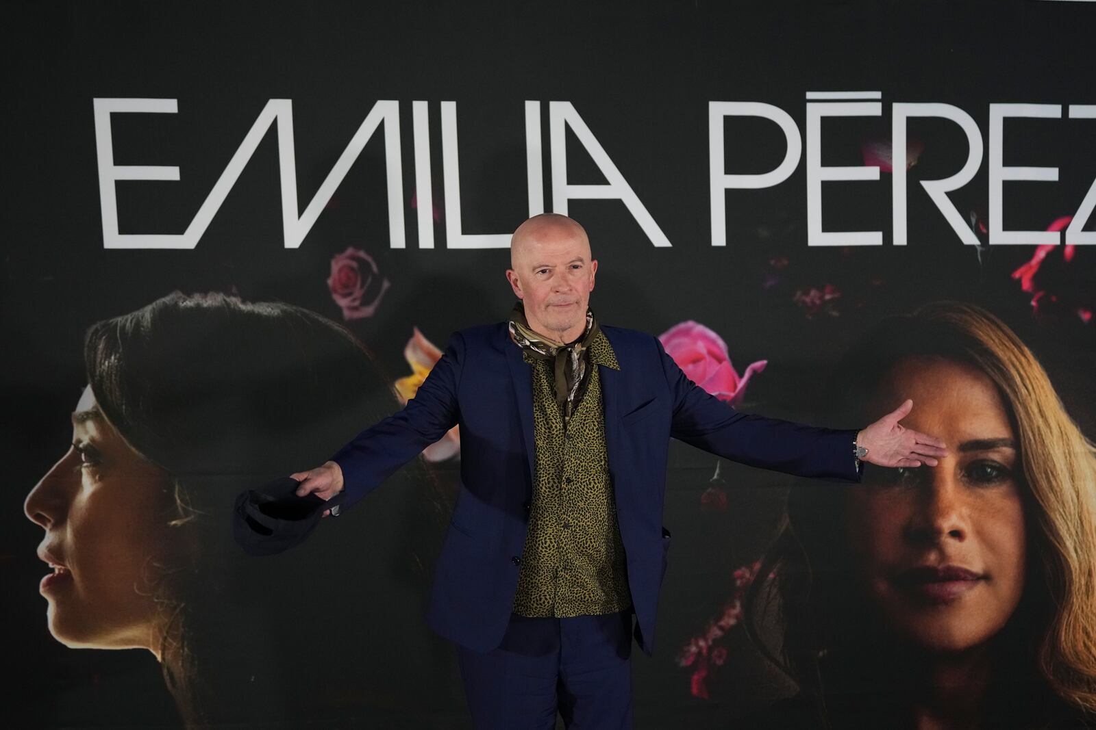 Director Jacques Audiard gestures during a press conference to promote the film "Emilia Perez," in Mexico City, Wednesday, Jan. 15, 2025. (AP Photo/Eduardo Verdugo)