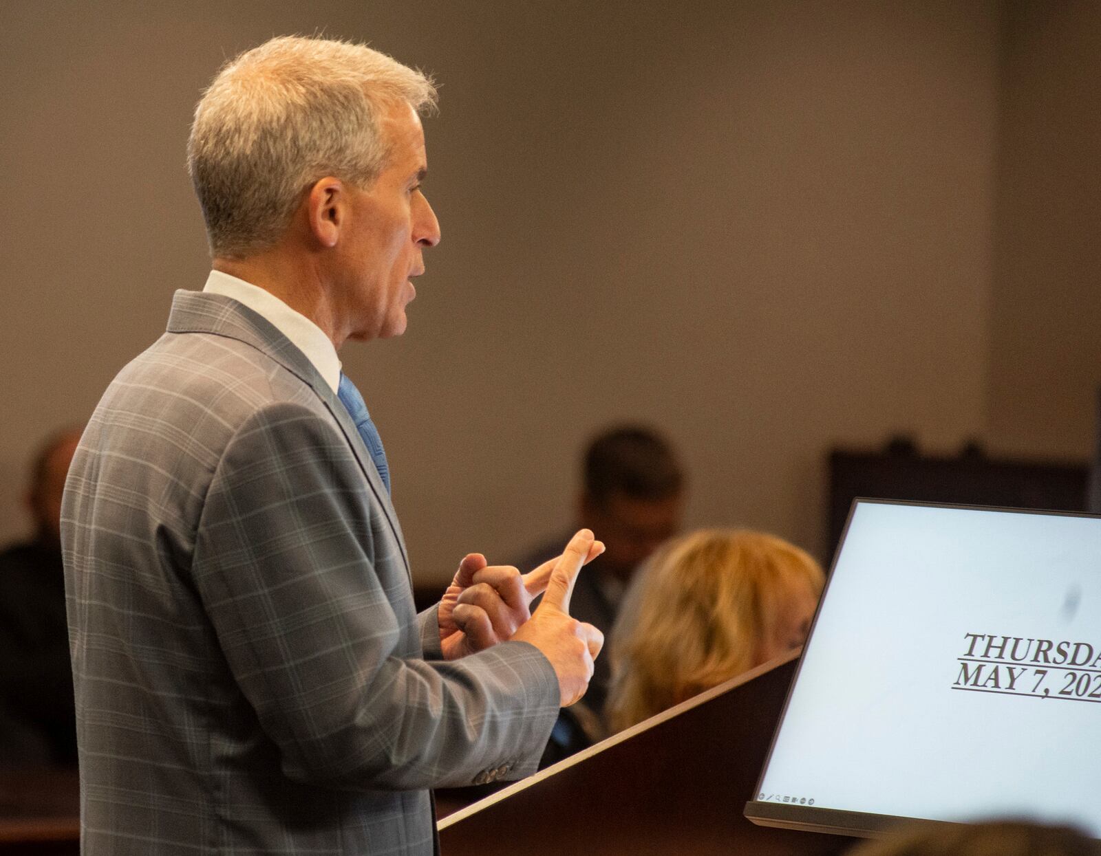 Jackie Johnson’s defense attorney, Brian Steel, counts off the number of calls she made to one person surrounding the Ahmaud Arbery murder trial in 2020, Tuesday, Feb. 4, 2025, in Brunswick, Ga. (Terry Dickson/The Brunswick News via AP, Pool)