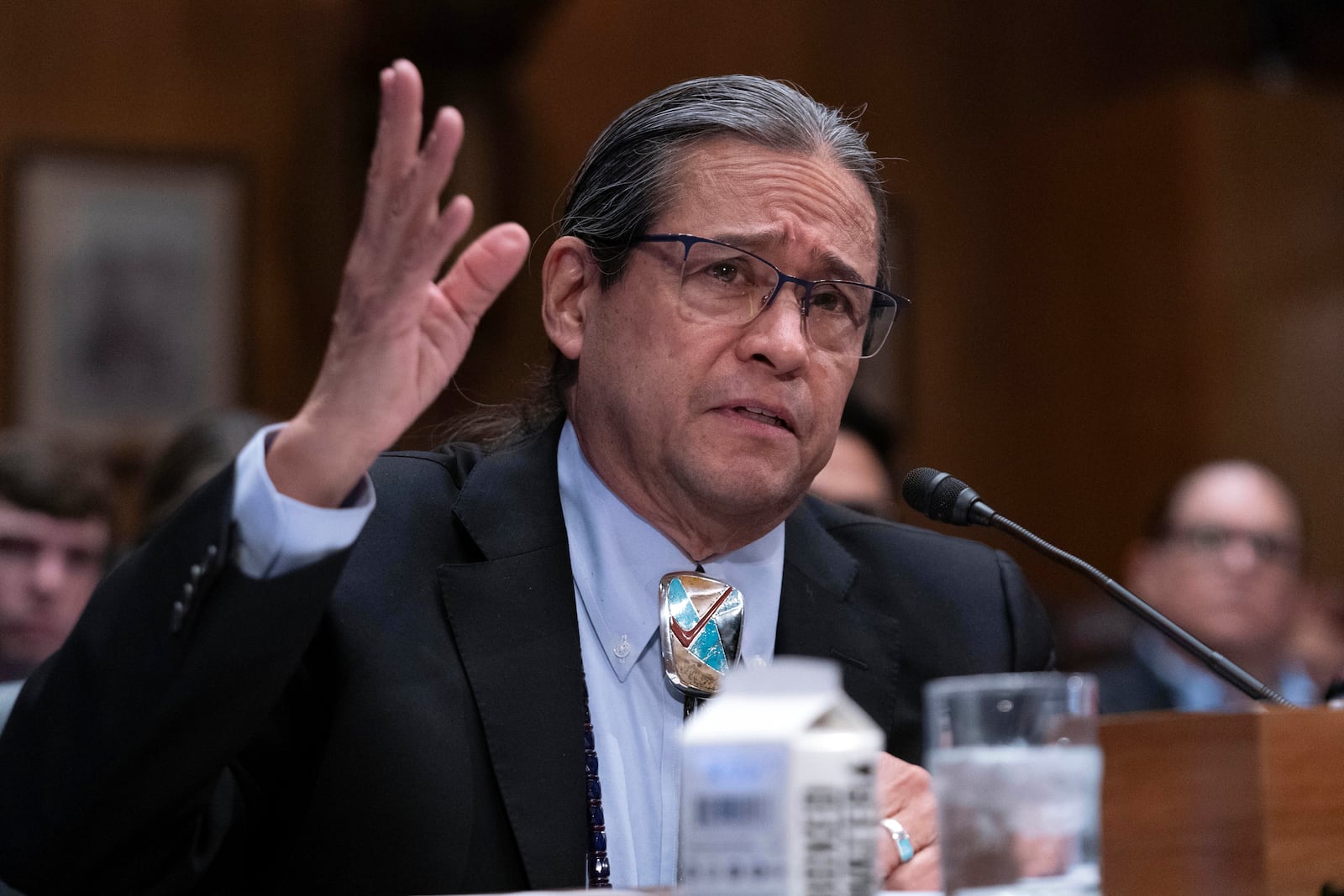 Mark Macarro, President, National Congress of American Indians, testifies before the Senate Indian Affairs Committee during a hearing on Native communities' priorities for the 119th Congress, on Capitol Hill in Washington, Wednesday, Feb. 12, 2025. (AP Photo/Jose Luis Magana)