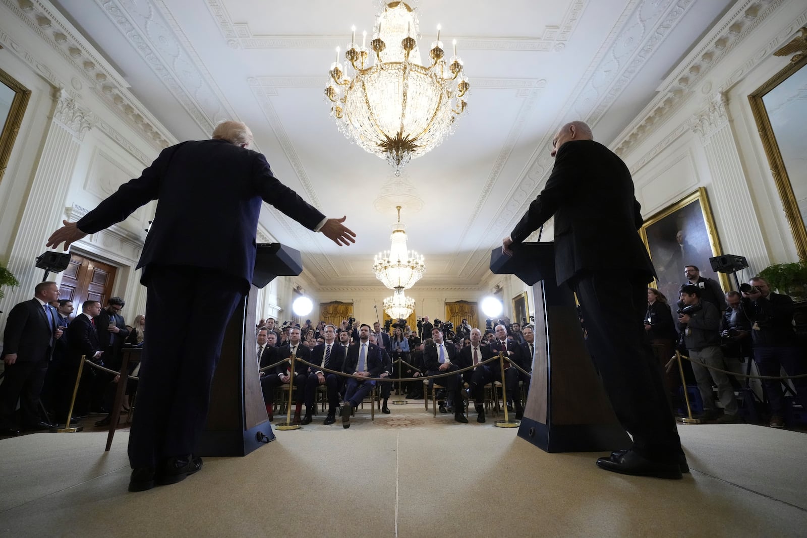 President Donald Trump and Israeli Prime Minister Benjamin Netanyahu speak during a news conference in the East Room of the White House, Tuesday, Feb. 4, 2025, in Washington. (AP Photo/Alex Brandon)