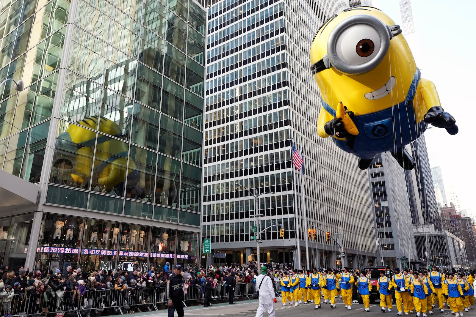 FILE - The Stuart the Minion balloon floats appears during the Macy's Thanksgiving Day Parade on Nov. 24, 2022, in New York. (Photo by Charles Sykes/Invision/AP, File)