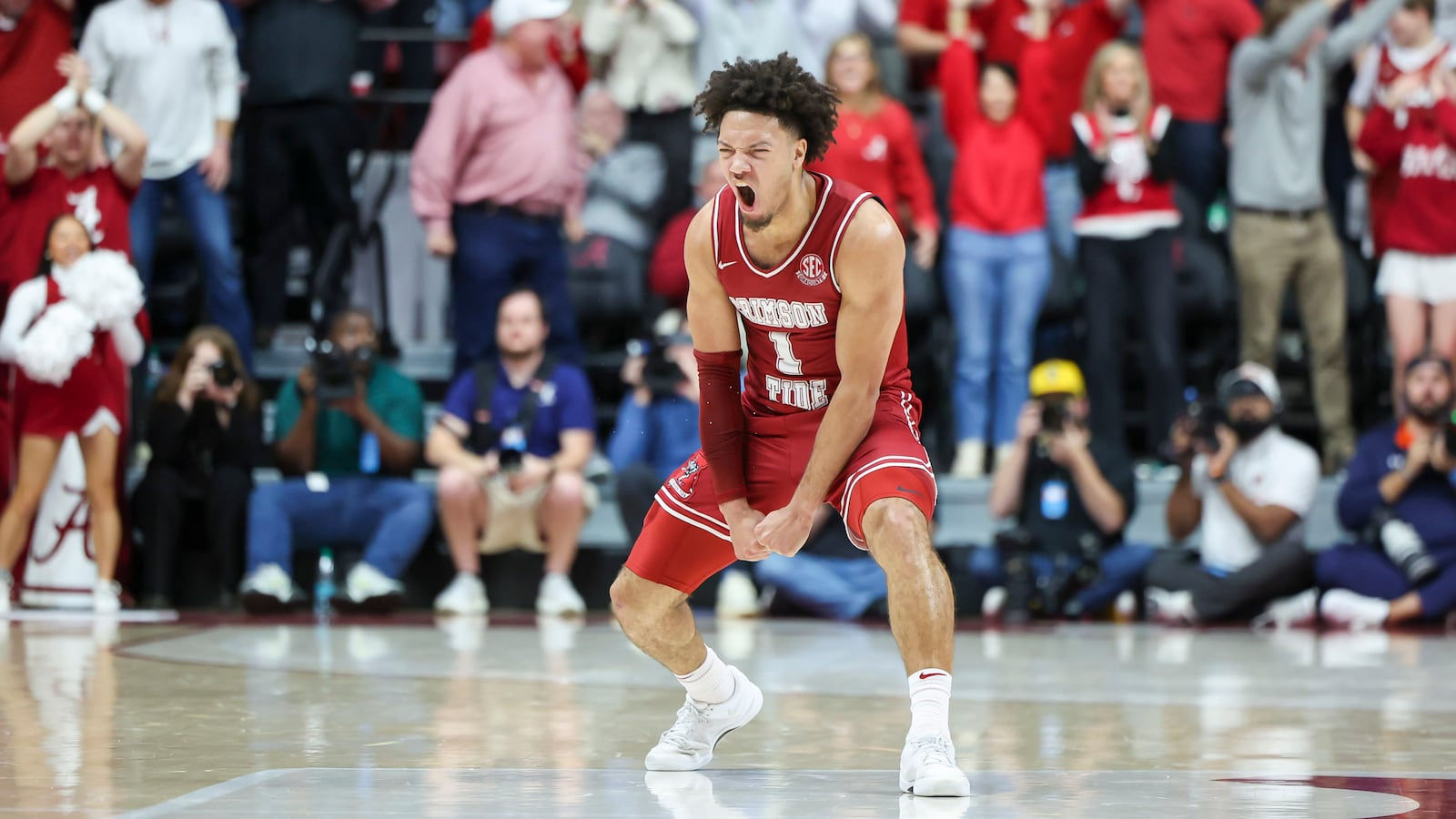 Alabama guard Mark Sears (1) reacts during the second half of an NCAA college basketball game against Auburn, Saturday, Feb. 15, 2025, in Tuscaloosa, Ala. (AP Photo/Vasha Hunt)