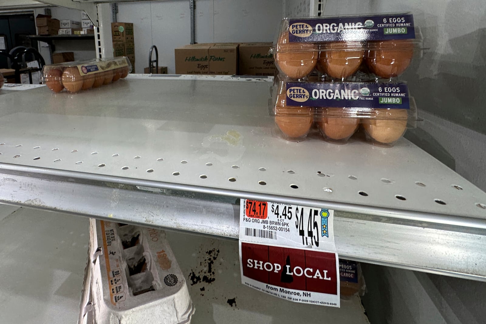 Eggs sit for sale on a shelf at grocery store, Monday, Jan. 27, 2025, in Windham, Maine. (AP Photo/Robert F. Bukaty)