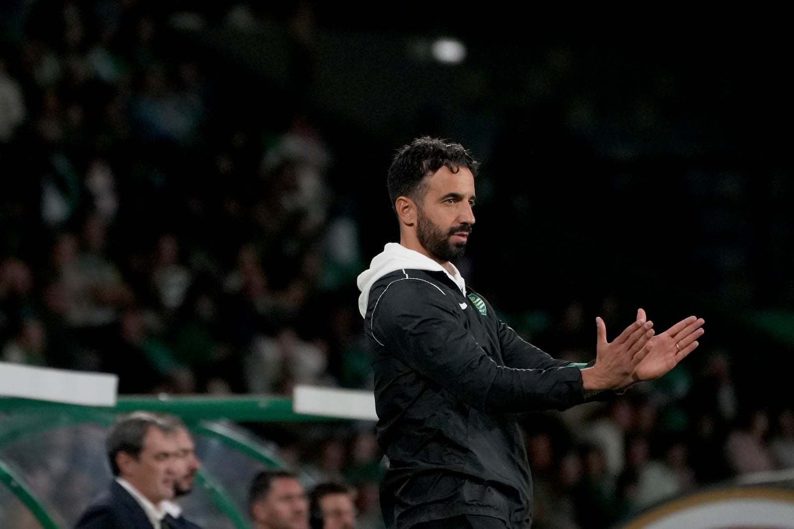 Sporting's head coach Ruben Amorim, who Manchester United has expressed an interest in hiring, claps his hands during a Portuguese League Cup soccer match between Sporting CP and Nacional at the Alvalade stadium in Lisbon, Tuesday, Oct. 29, 2024. (AP Photo/Ana Brigida)