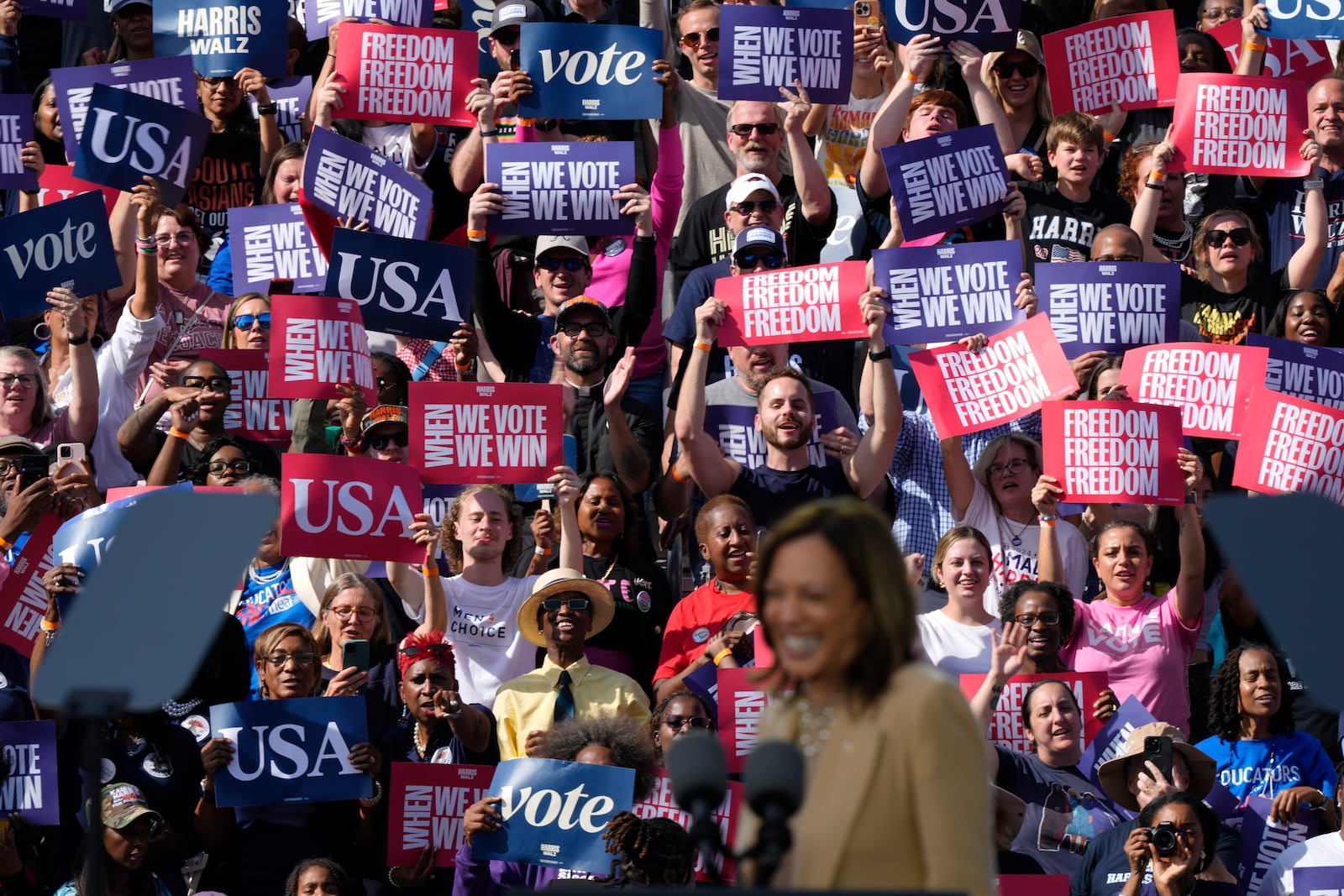 Democratic presidential nominee Vice President Kamala Harris speaks during a campaign rally outside the Atlanta Civic Center, Saturday, Nov. 2, 2024. (AP Photo/Brynn Anderson)