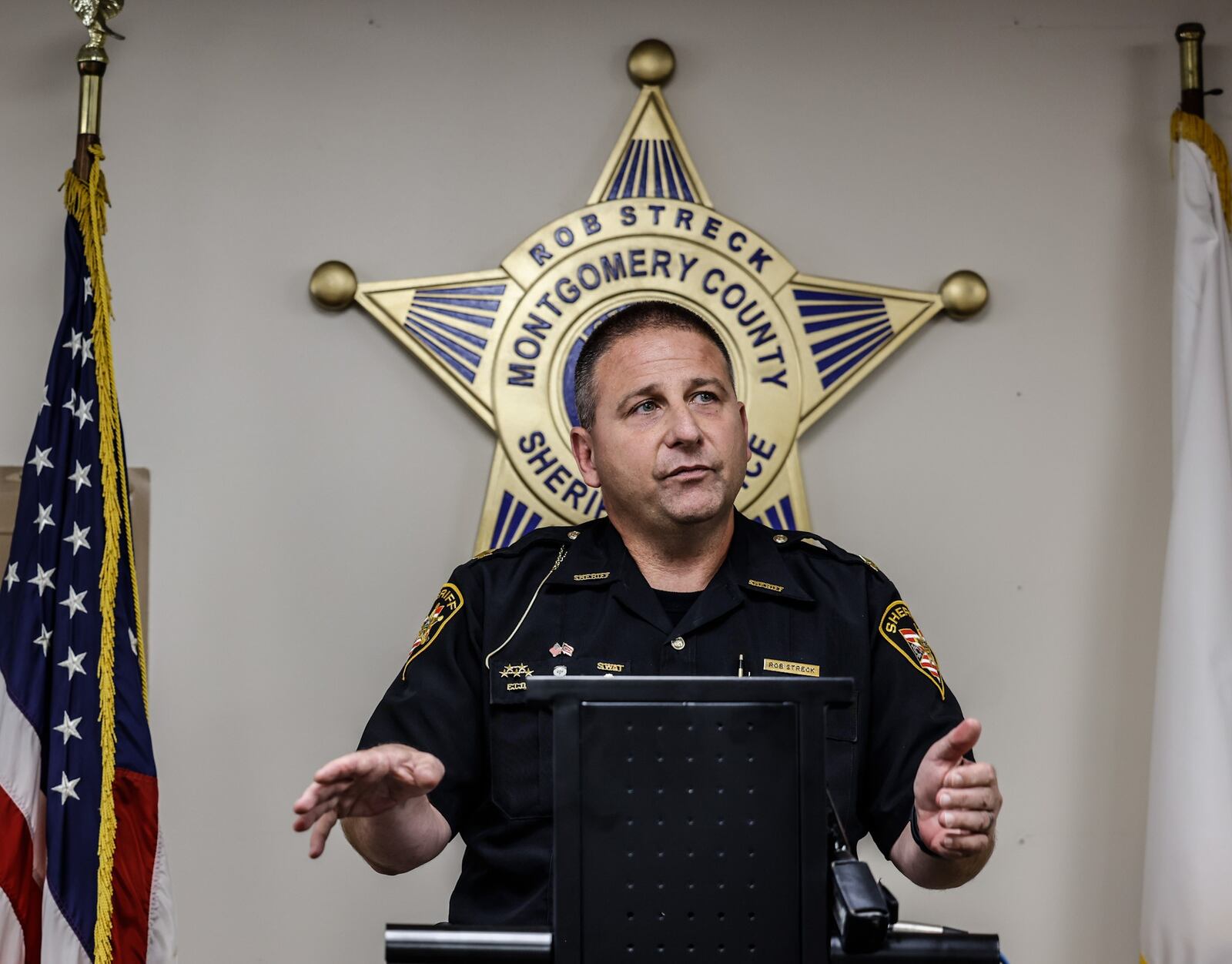 Montgomery County Sheriff Rob Streck updates the media on the shooting at Miami Valley Hospital that happened Wednesday morning June 1, 2022, during a press conference that afternoon. A Montgomery County Jail inmate and private security guard died in the shooting at the hospital. JIM NOELKER/STAFF