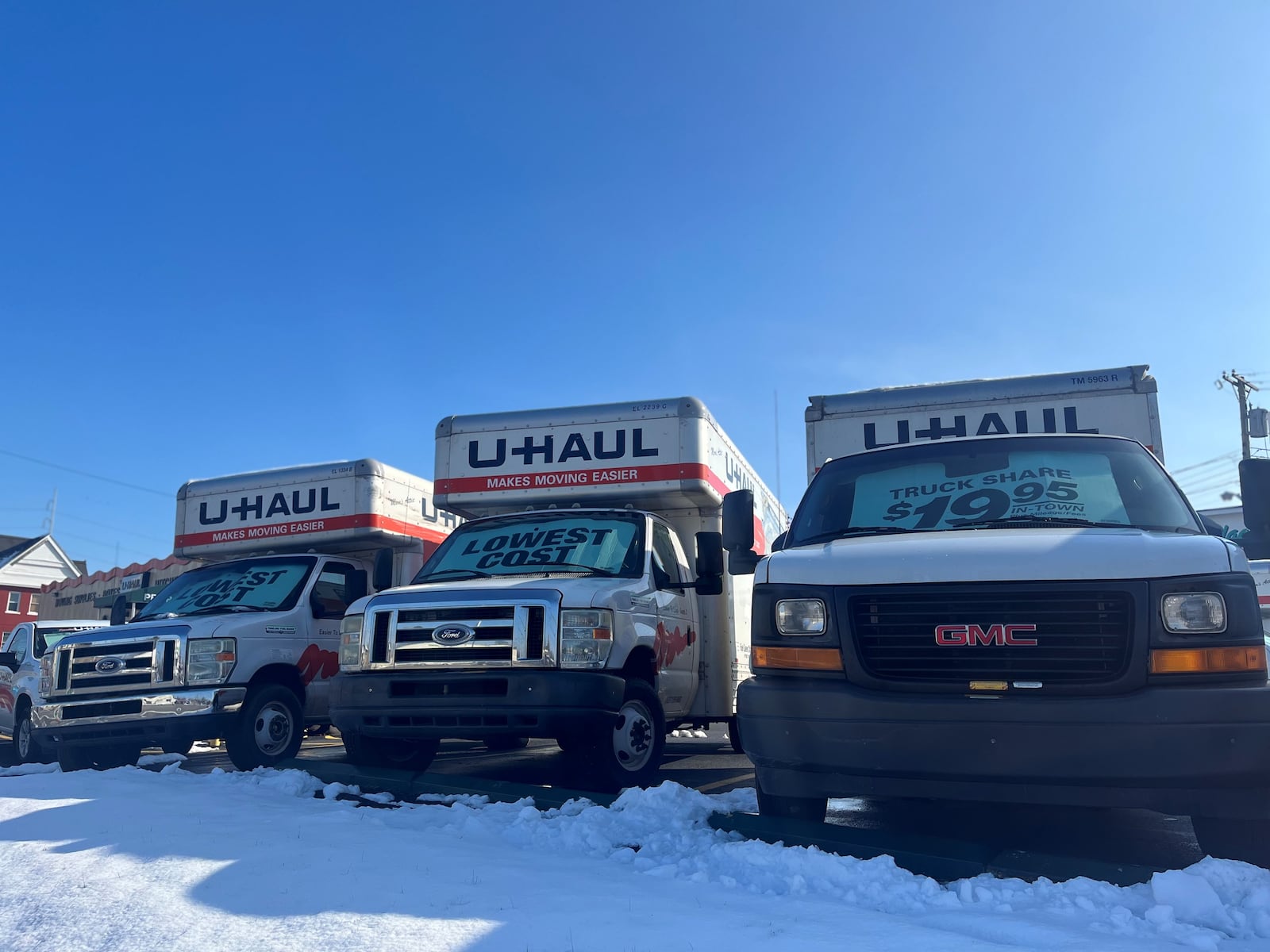 U-Haul moving trucks parked in East Dayton. CORNELIUS FROLIK / STAFF