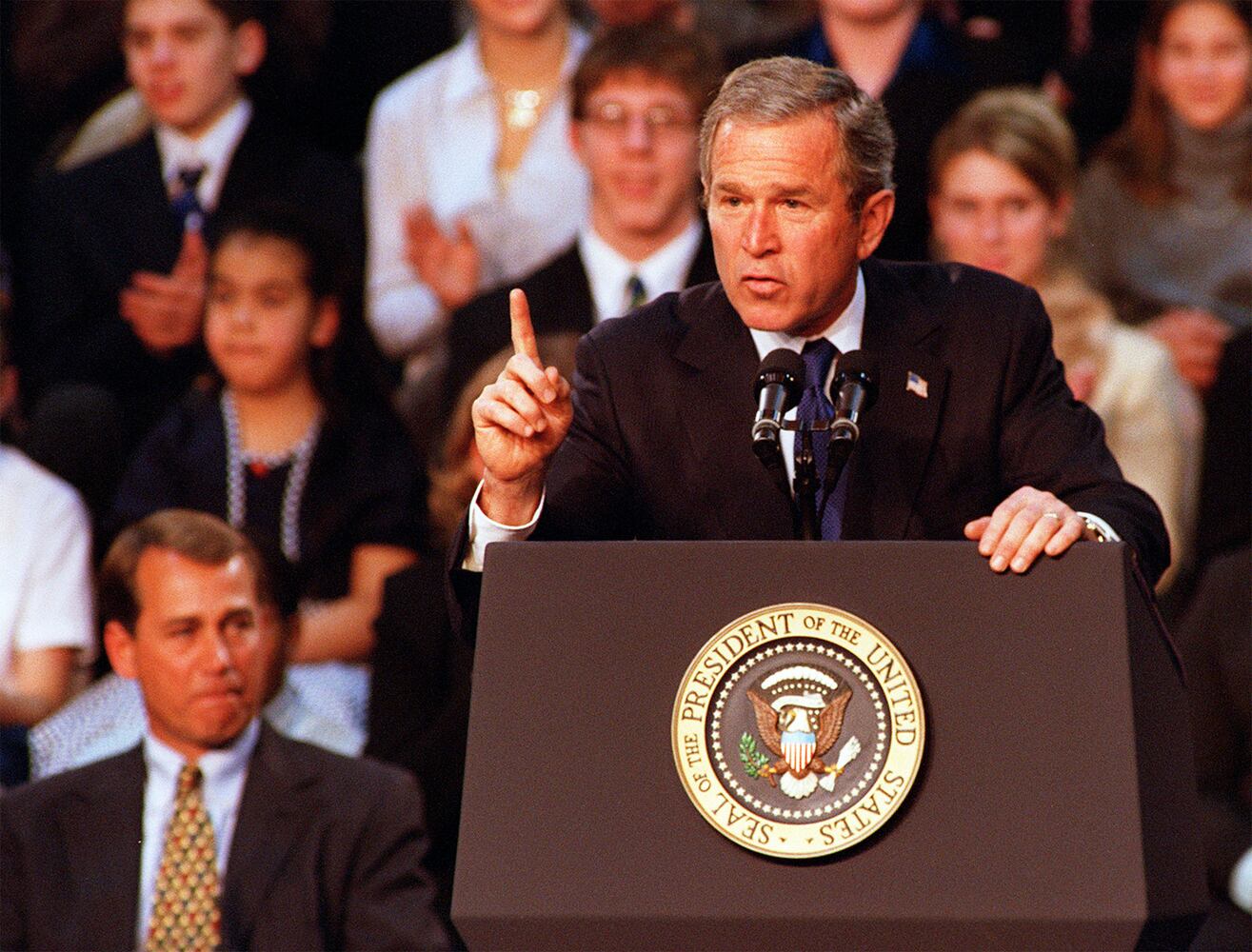 President George W. Bush signing No Child Left Behind Act at Hamilton High School Jan. 8, 2002.