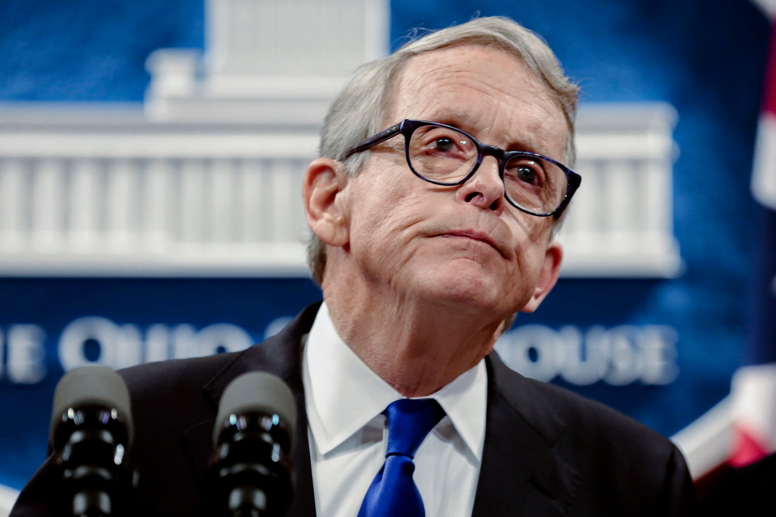 In this file photo from Aug. 6, 2019, Ohio Gov. Mike DeWine pauses while speaking at the Ohio Statehouse in Columbus, Ohio (Joshua A. Bickel/The Columbus Dispatch via AP, File)