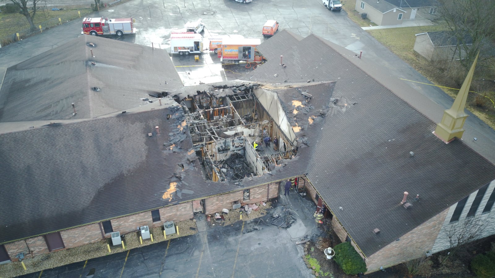 An early morning fire Sunday caused extensive damage to the First Church of God in Middletown in the 3000 block of Tytus Avenue. ERIC DIETRICH/STAFF