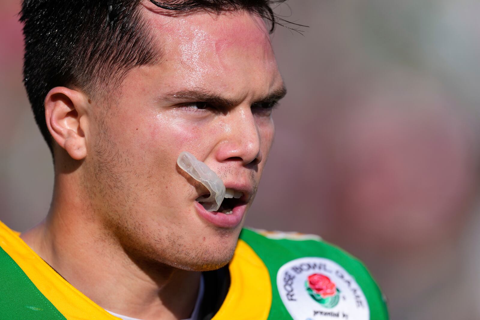 Oregon quarterback Dillon Gabriel warms up before the quarterfinals of the Rose Bowl College Football Playoff against Ohio State, Wednesday, Jan. 1, 2025, in Pasadena, Calif. (AP Photo/Mark J. Terrill)