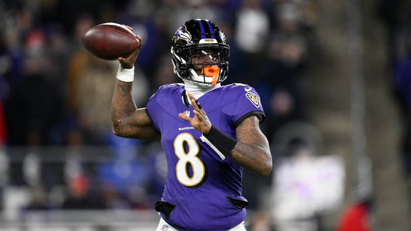 Baltimore Ravens quarterback Lamar Jackson throws during the first half of an NFL football game against the Cleveland Browns Saturday, Jan. 4, 2025, in Baltimore. (AP Photo/Nick Wass)