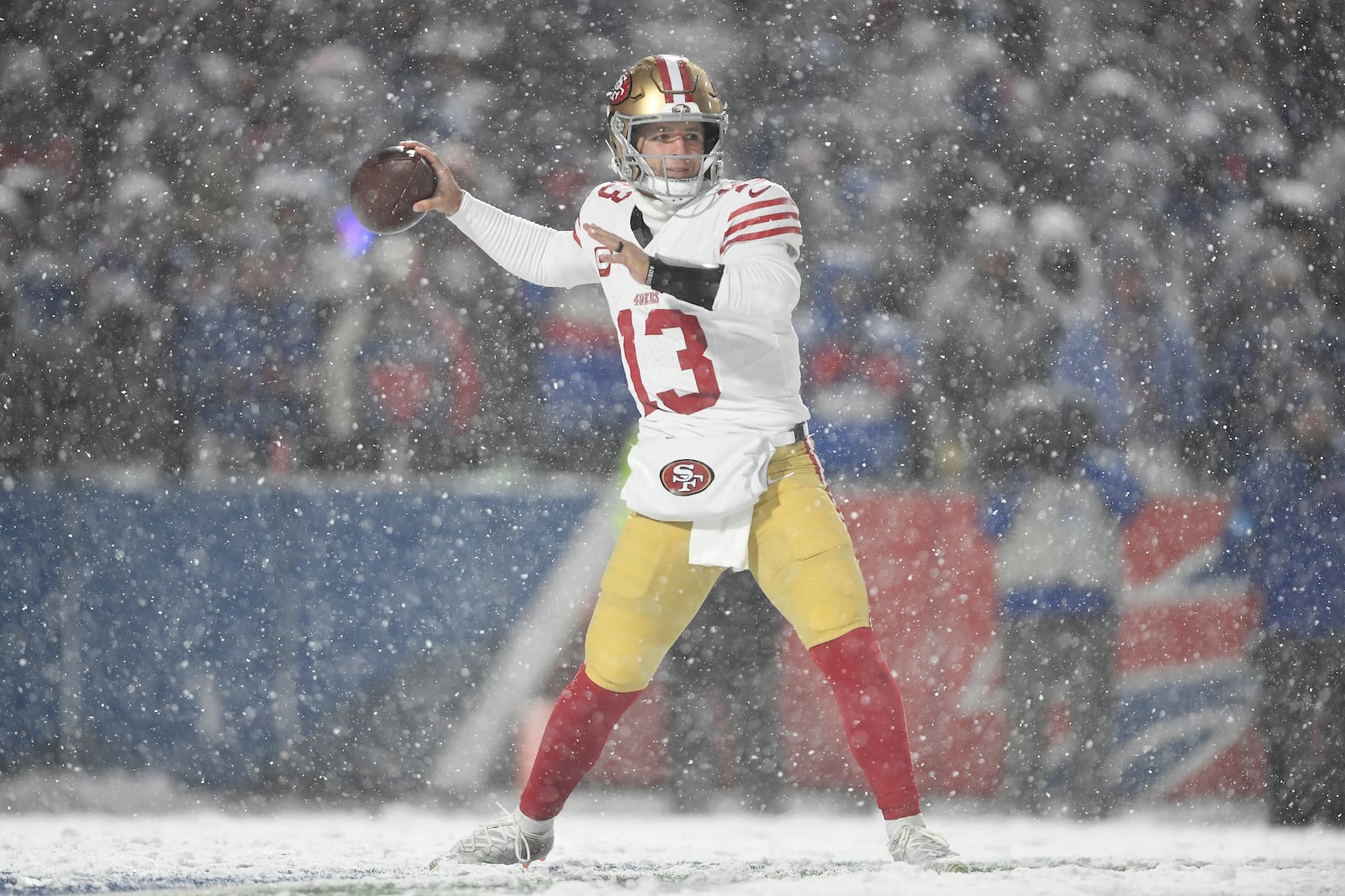 San Francisco 49ers quarterback Brock Purdy (13) passes against the Buffalo Bills during the second half of an NFL football game in Orchard Park, N.Y., Sunday, Dec. 1, 2024. (AP Photo/Adrian Kraus)