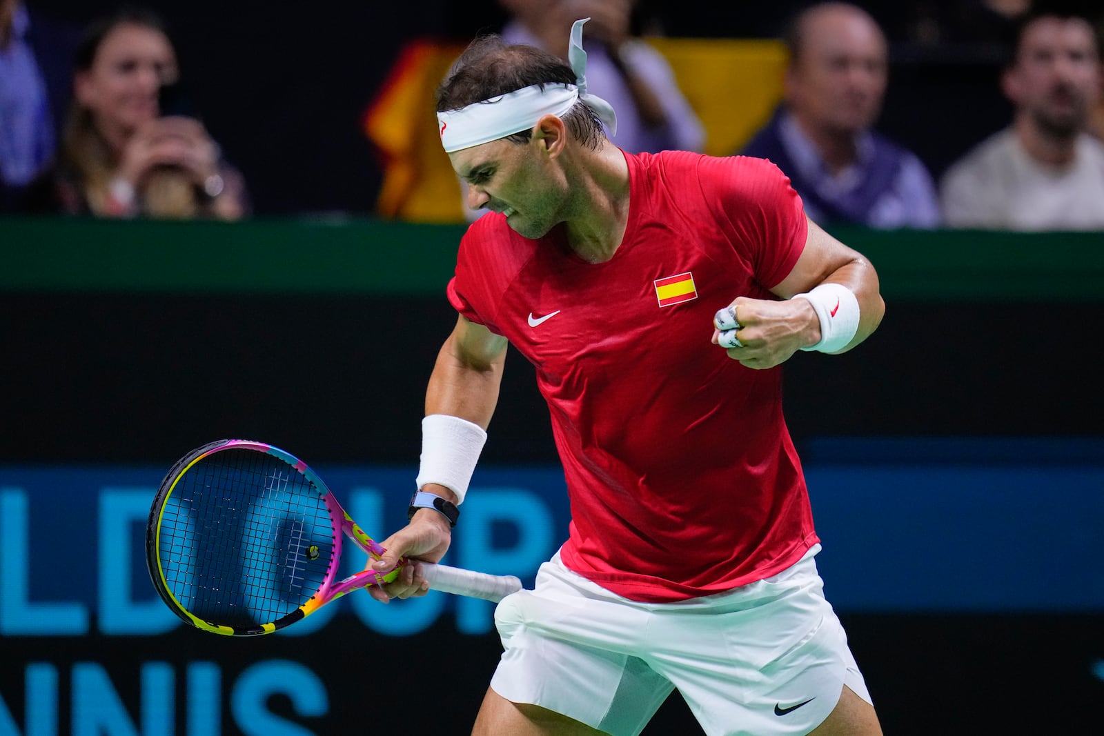 Spain's tennis player Rafael Nadal reacts during a Davis Cup quarterfinal match against Netherlands' Botic Van De Zandschulp at Martin Carpena Sports Hall in Malaga, southern Spain, on Tuesday, Nov. 19, 2024. (AP Photo/Manu Fernandez)