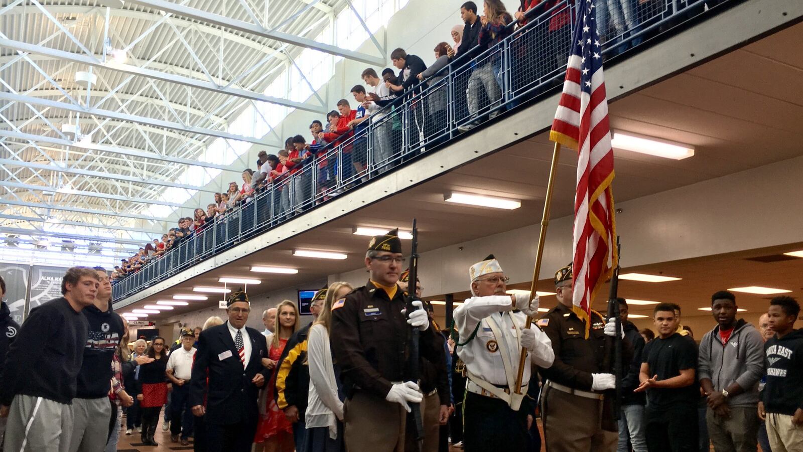 Thousands of Lakota East High School students lined the Butler County school’s giant main hall to honor local military veterans during Veterans Day. The veterans were later treated to speeches, orchestra and choir performances and rousing applause during a tribute ceremony in the school’s gym. MICHAEL D. CLARK/STAFF