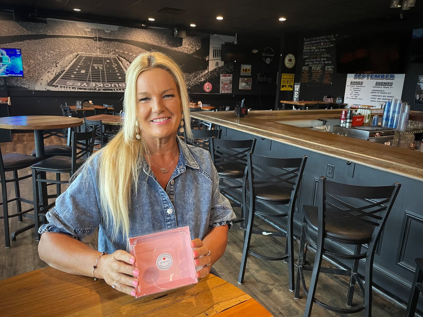 Marci Johannes owns Mr. Boro’s Tavern in Springboro with her partner of nine years, Rick Baarlaer. During October, she is selling sweet and savory boxes for those who have or are battling breast cancer. All proceeds will go to Pink Ribbon Girl. NATALIE JONES/STAFF