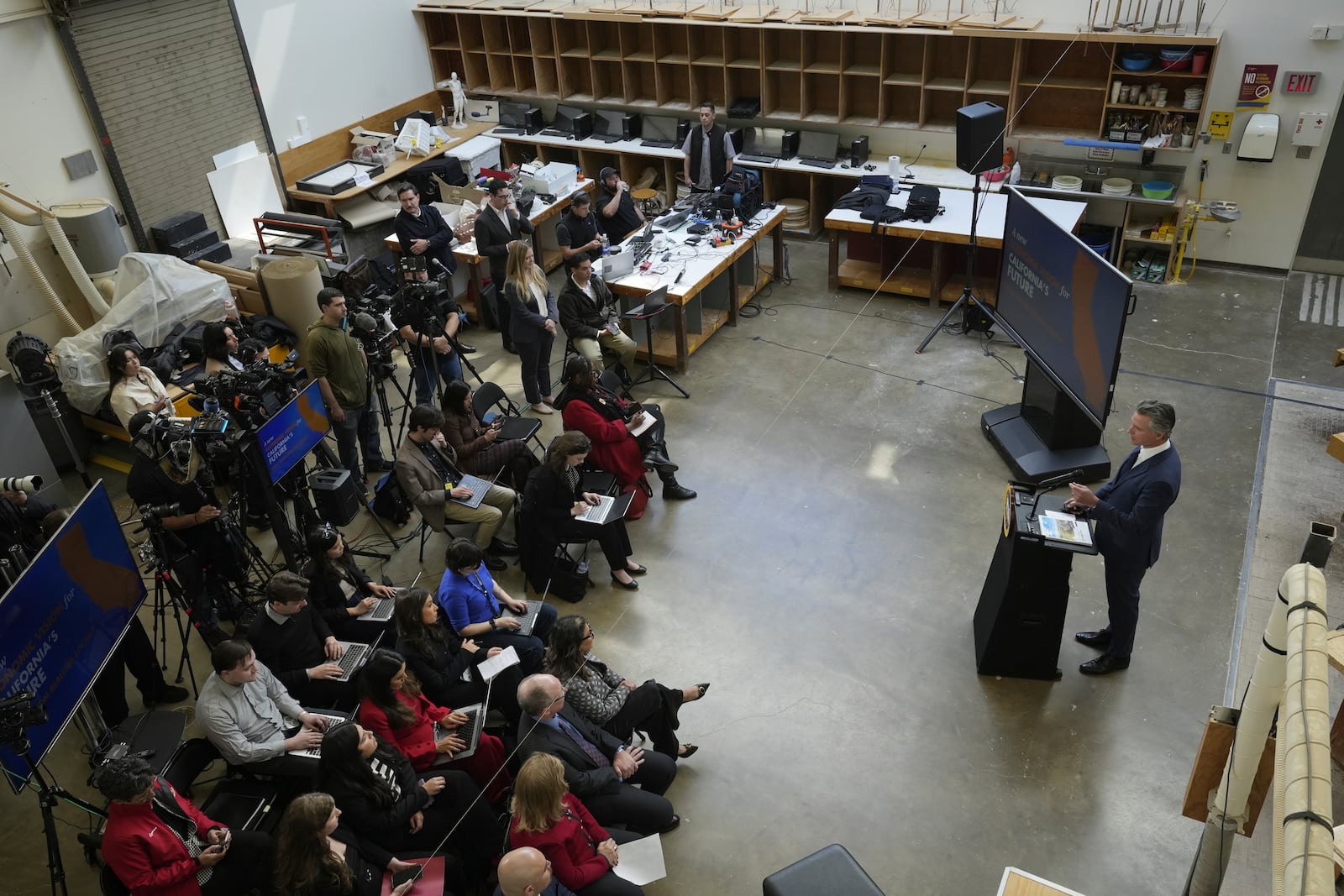 California Gov. Gavin Newsom outlines his proposed 2025-2026 state budget during a news conference at California State University, Stanislaus in Turlock, Calif., Monday, Jan. 6,2025. . (AP Photo/Rich Pedroncelli)