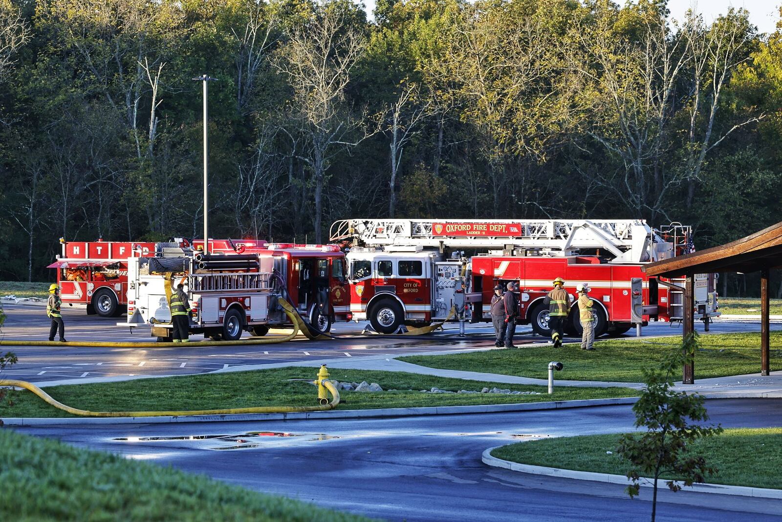 Multiple fire departments battled a blaze at Hanover Reserve Weddings and Events in Hanover Twp. for hours Sunday night and early this morning. NICK GRAHAM / STAFF