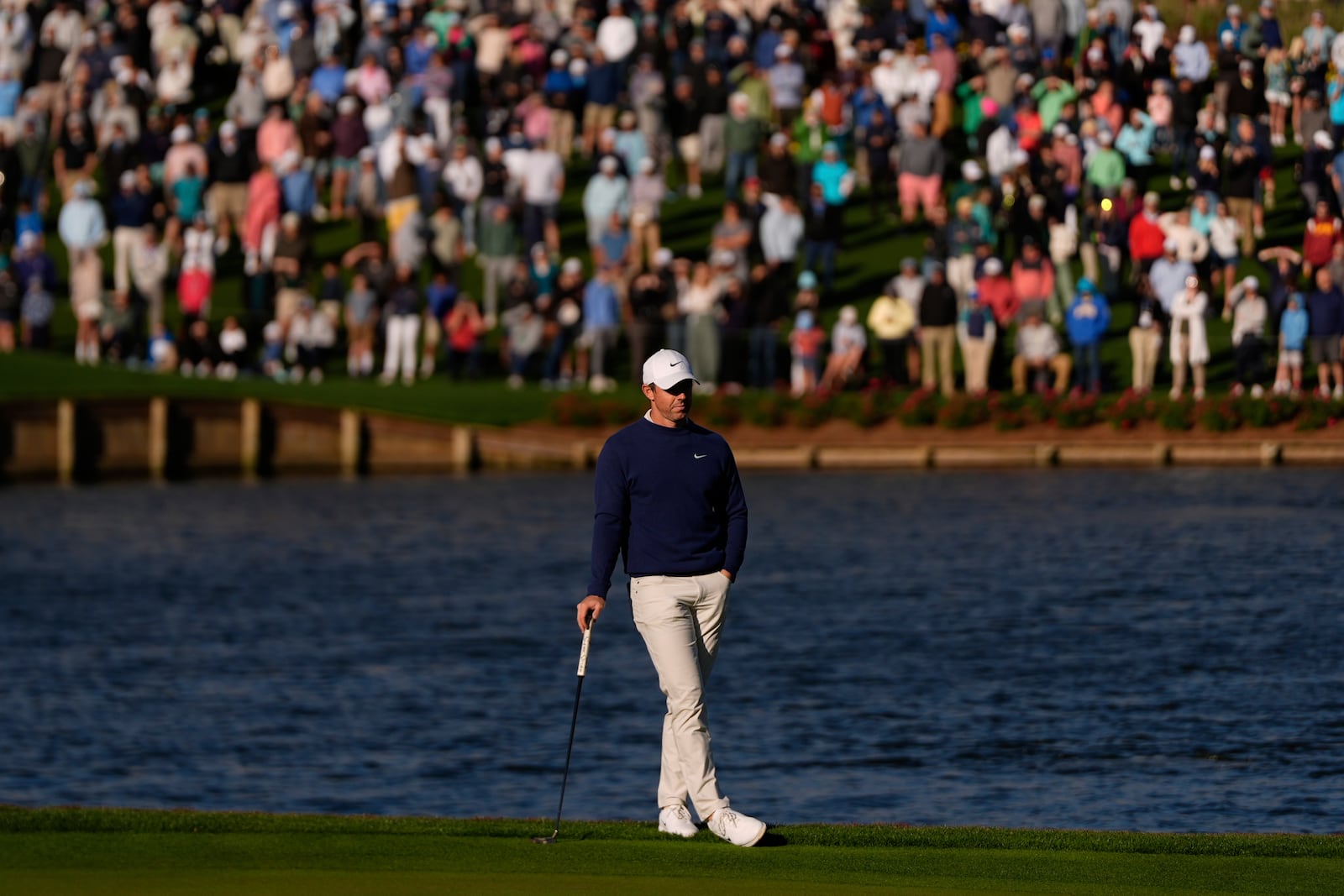 Rory McIlroy, of Northern Ireland, stands on the 16th green during a playoff round of The Players Championship golf tournament Monday, March 17, 2025, in Ponte Vedra Beach, Fla. (AP Photo/Julia Demaree Nikhinson)