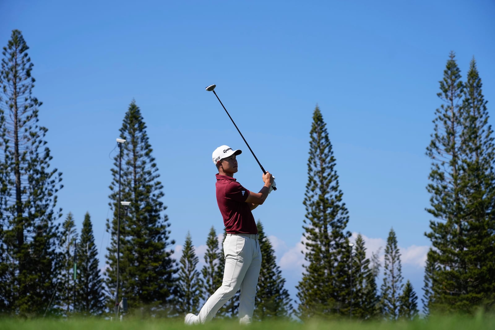 Collin Morikawa watches his shot on the ninth hole during the final round of The Sentry golf event, Sunday, Jan. 5, 2025, at Kapalua Plantation Course in Kapalua, Hawaii. (AP Photo/Matt York)