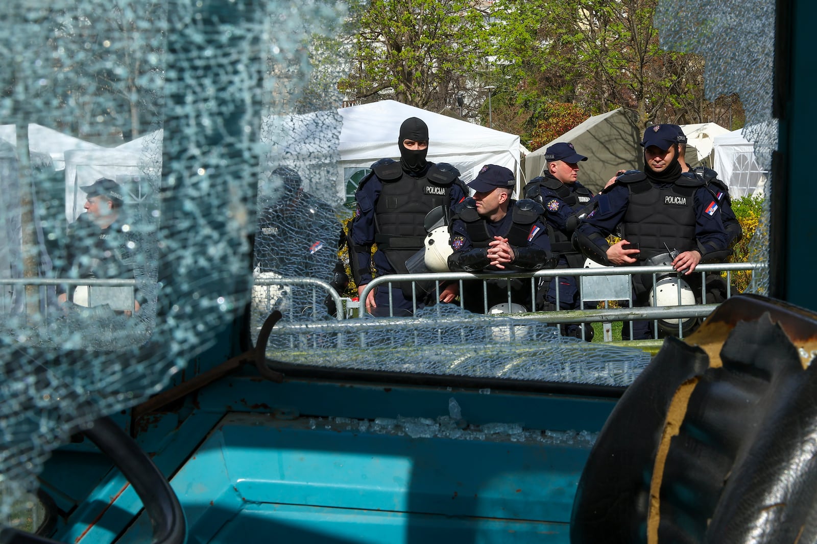 Police officers stand guard prior to a an anti-corruption rally in Belgrade, Serbia, Saturday, March 15, 2025. (AP Photo/Armin Durgut)