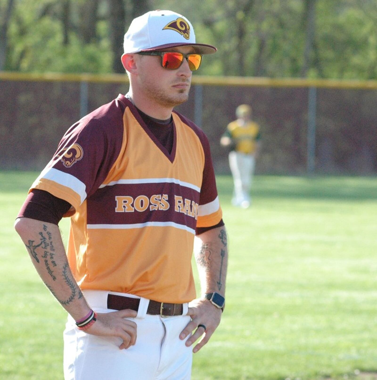 Ross coach Ben Toerner stands in the third-base coaching box April 22 during a Southwest Ohio Conference baseball game against Little Miami in Ross Township. Ross won 2-1. RICK CASSANO/STAFF