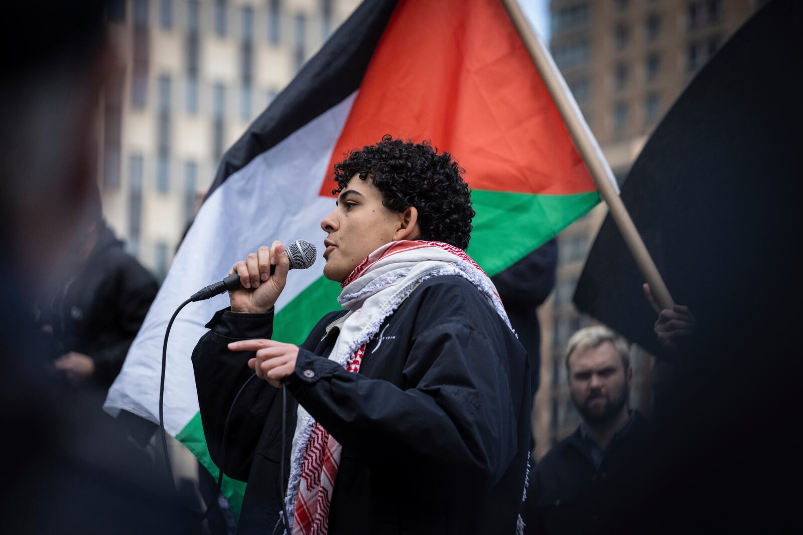 A person speaks to the crowd gathered in Foley Square, outside the Manhattan federal court, prior to the deportation case of Mahmoud Khalil, Wednesday, March 12, 2025, in New York. (AP Photo/Stefan Jeremiah)