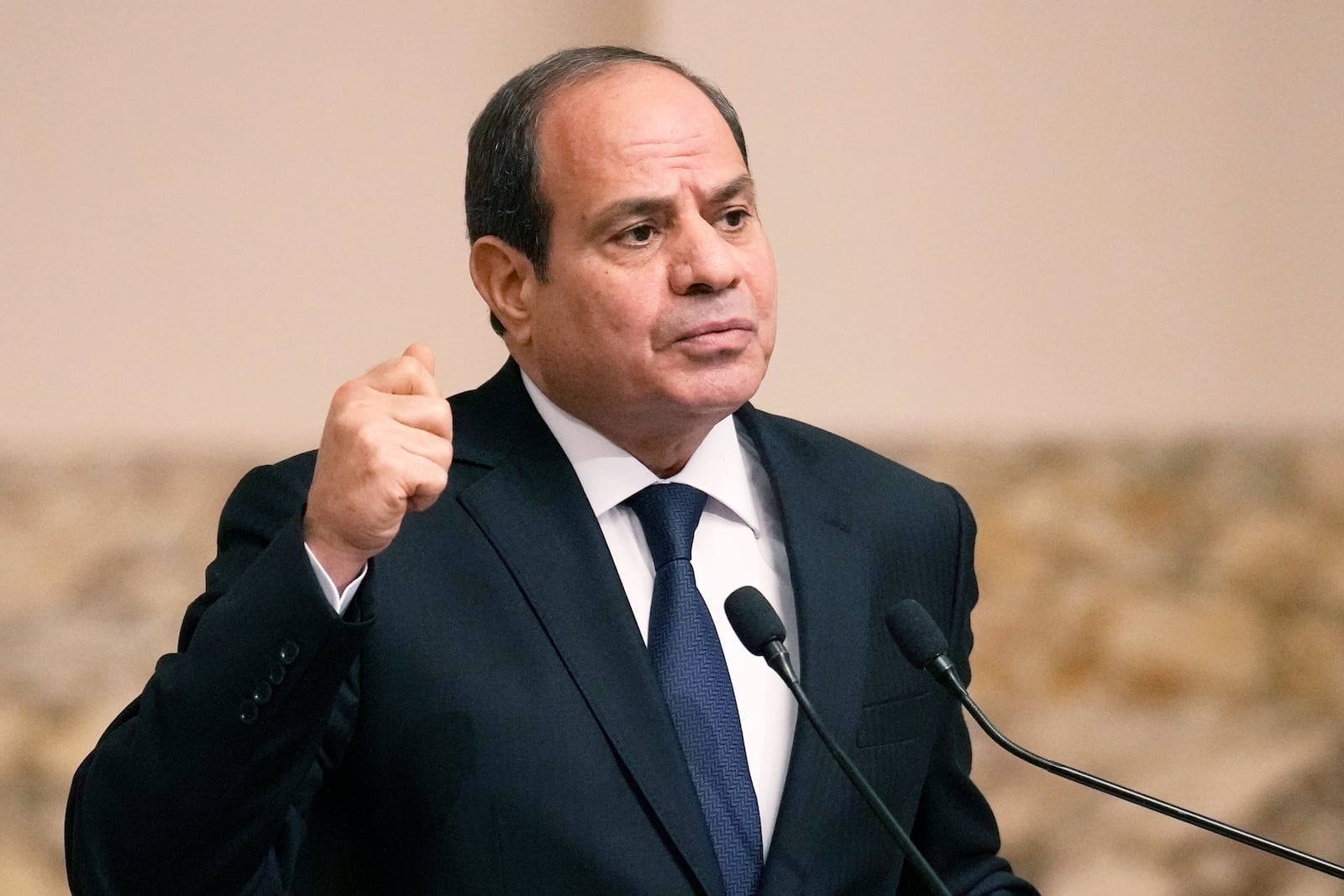 FILE - Egyptian President Abdel Fattah el-Sissi gestures during a joint news conference in Cairo, Egypt, on Oct. 25, 2023. (AP Photo/Christophe Ena, Pool, File)