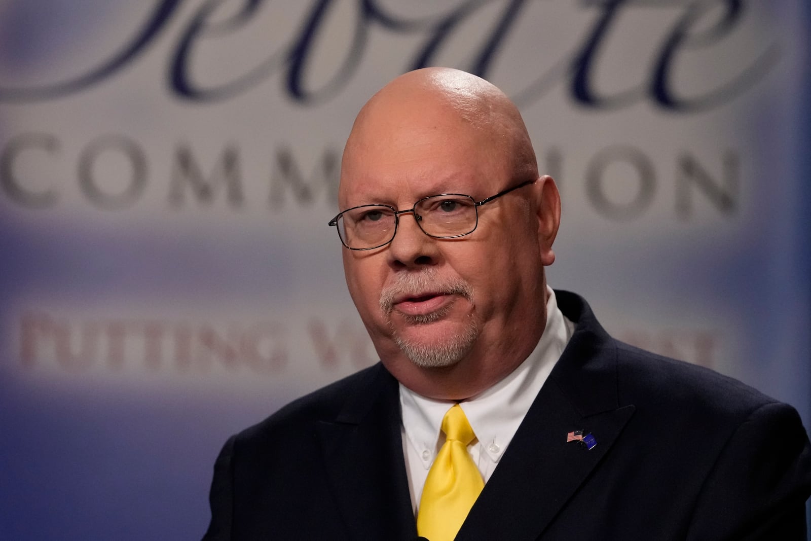 Libertarian candidate Donald Rainwater speaks during a debate for Indiana governor hosted by the Indiana Debate Commission at WFYI, Thursday, Oct. 24, 2024, in Indianapolis. (AP Photo/Darron Cummings, Pool)