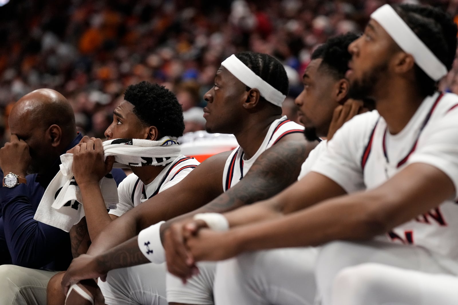 The Auburn bench watches play against Tennessee during the second half of an NCAA college basketball game in the semifinal round of the Southeastern Conference tournament, Saturday, March 15, 2025, in Nashville, Tenn. (AP Photo/George Walker IV)