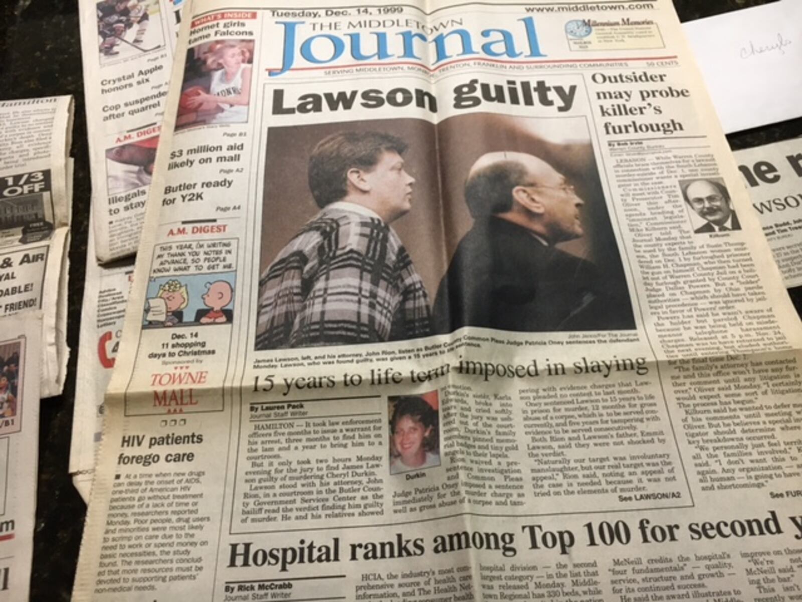 The front page of The Middletown Journal after James Lawson was convicted of murder in the death of Cheryl Durkin. It is one of hundreds of newspaper clippings saved by Dukin’s sister Karla Edwards. 