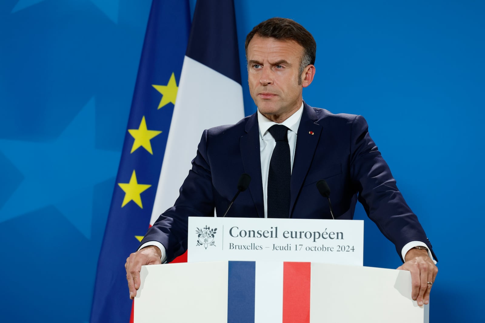 French President Emmanuel Macron speaks during a media conference at an EU summit in Brussels, Thursday, Oct. 17, 2024. (AP Photo/Geert Vanden Wijngaert)