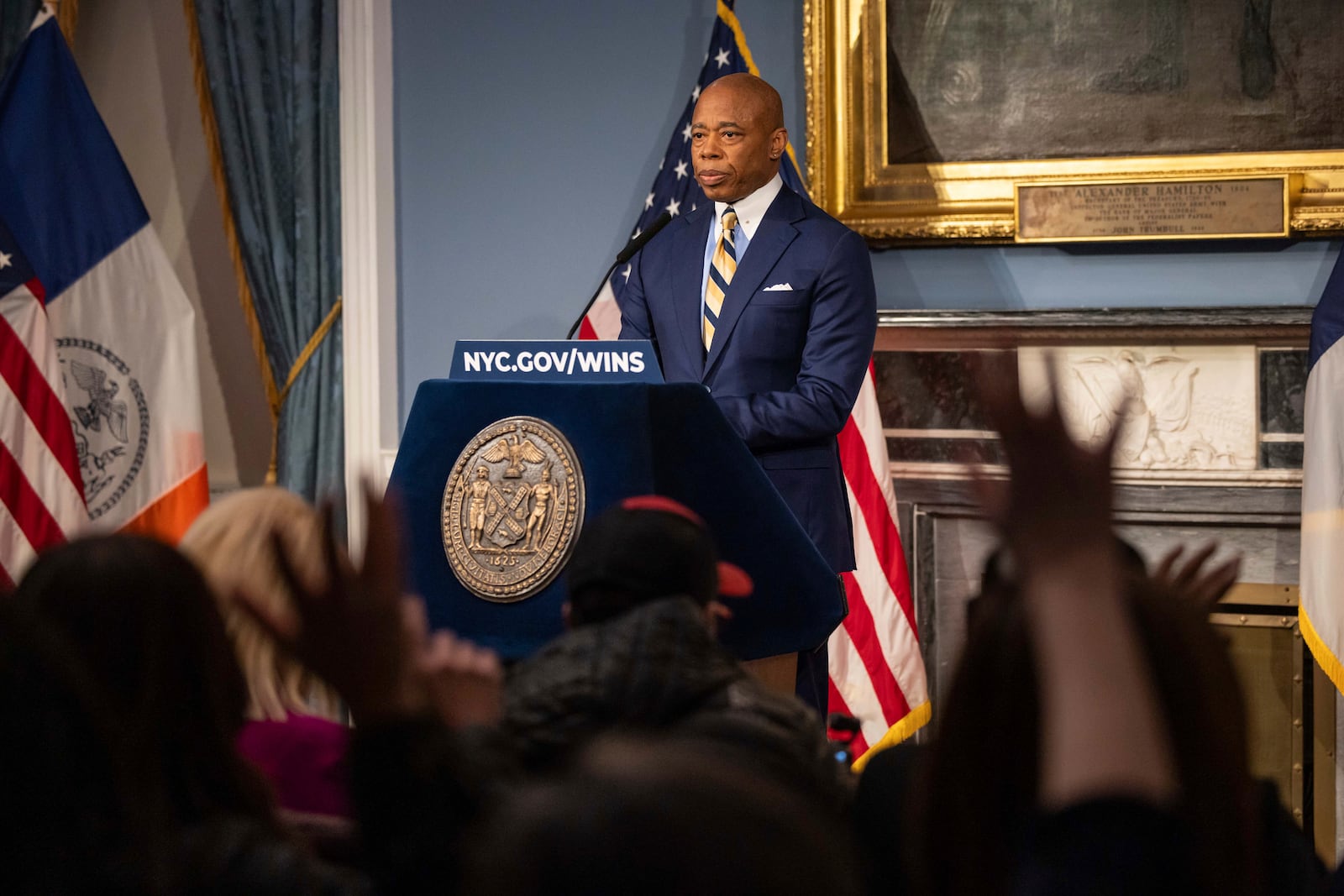 New York City Mayor Eric Adams attends a press conference at City Hall following meeting with President-elect Donald Trump’s incoming "border czar" Tom Homan, Thursday, Dec. 12, 2024, in New York. (AP Photo/Yuki Iwamura)