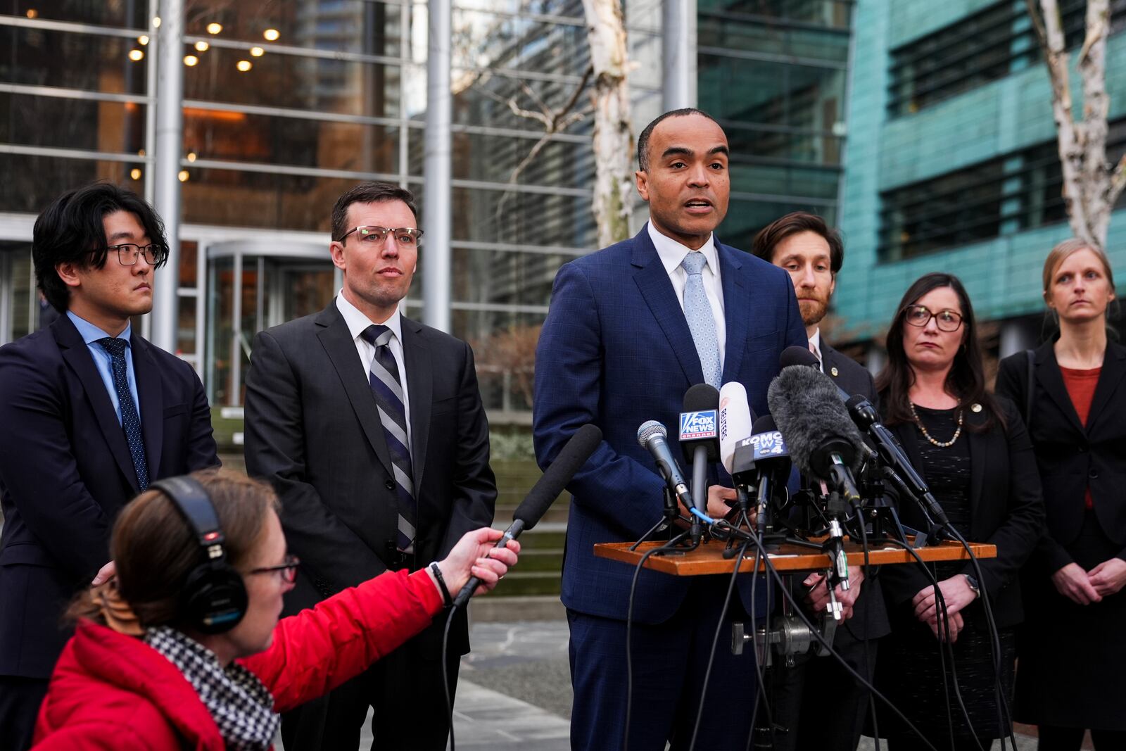 Washington Attorney General Nick Brown speaks during a press availability after a federal judge temporarily blocked President Donald Trump's executive order aimed at ending birthright citizenship in a case brought by the states of Washington, Arizona, Illinois and Oregon, on Thursday, Jan. 23, 2025, in Seattle. (AP Photo/Lindsey Wasson)