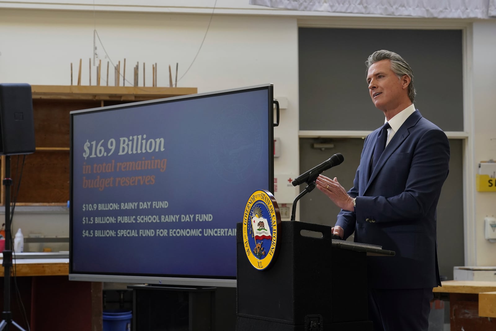 California Gov. Gavin Newsom outlines his proposed 2025 $322 billion state budget during a news conference at California State University, Stanislaus in Turlock, Calif., Monday, Jan. 6,2025. (AP Photo/Rich Pedroncelli)