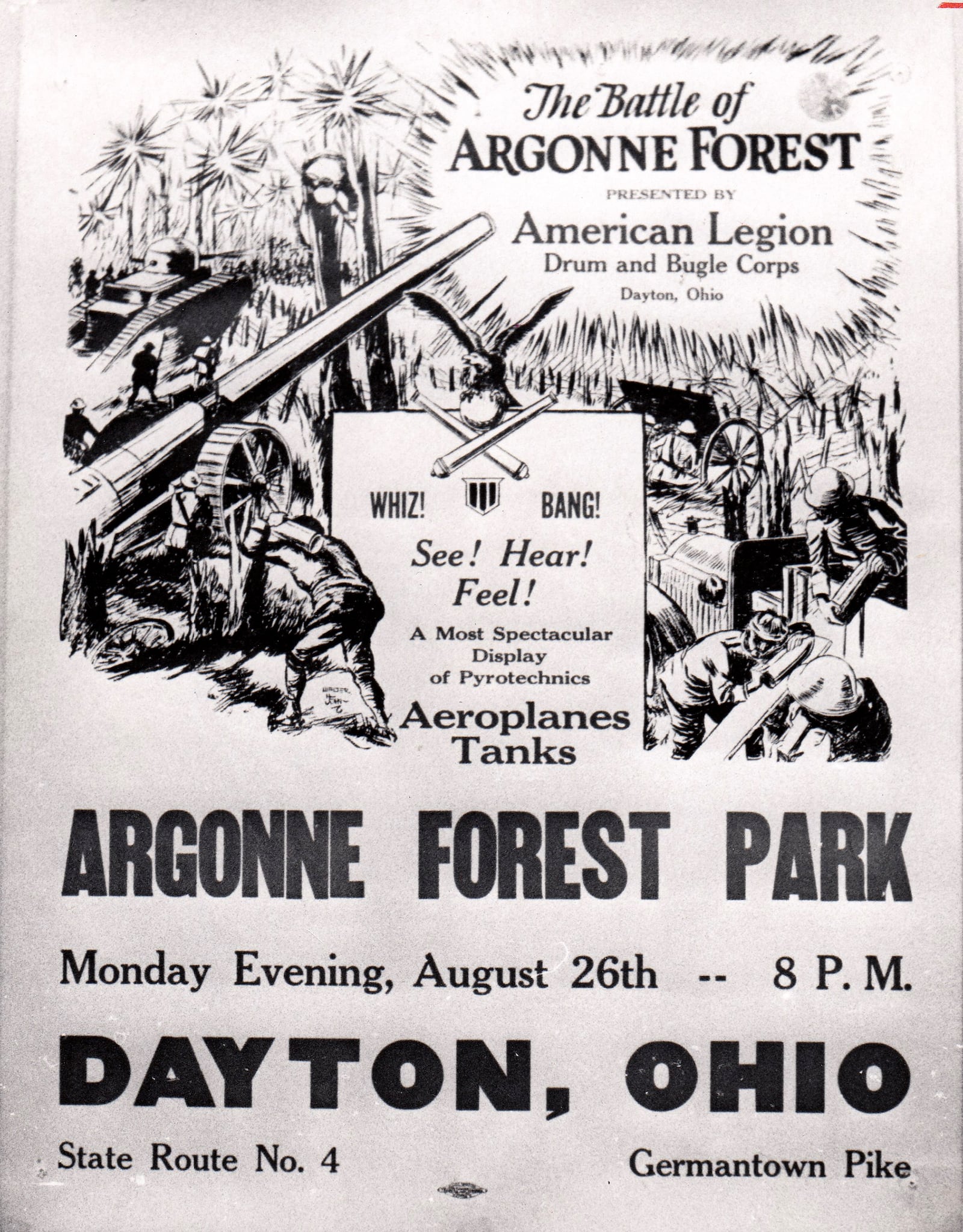 A poster from the 1930s promised thrills of battle during a recreation of the battle of Argonne Forest. DAYTON DAILY NEWS ARCHIVE