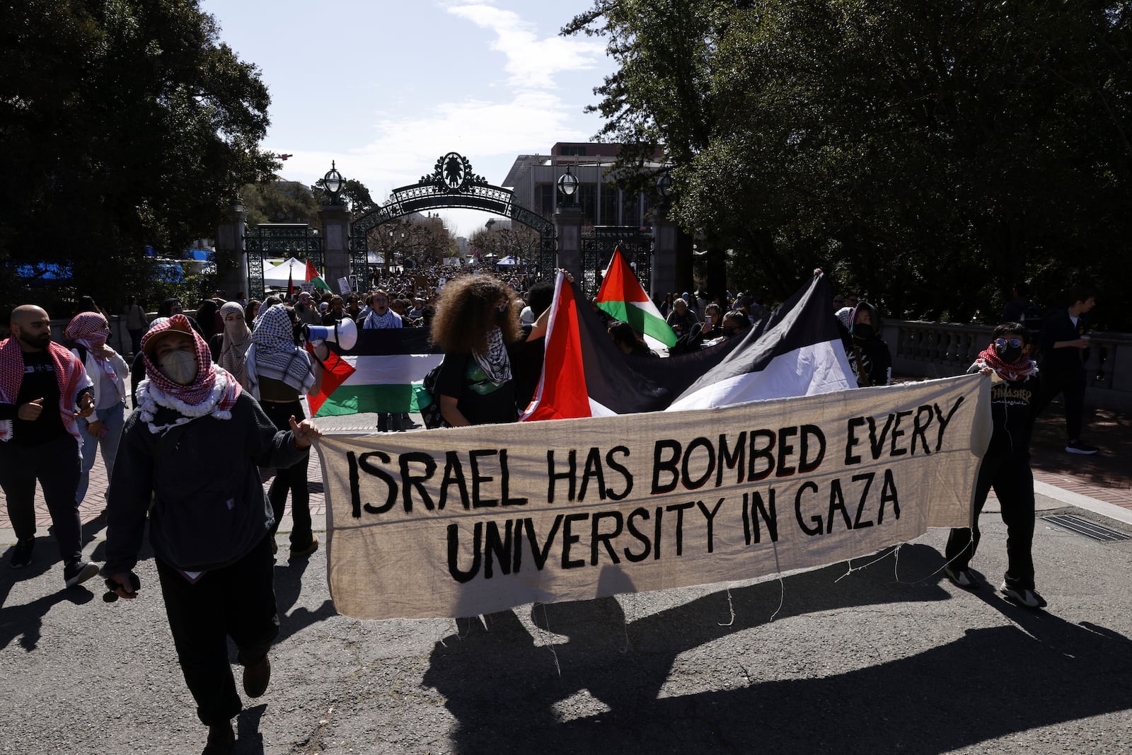 Protesters march on campus against the arrest of Mahmoud Khalil at UC Berkeley on Tuesday, March 11, 2025, in Berkeley, Calif. (Santiago Mejia/San Francisco Chronicle via AP)