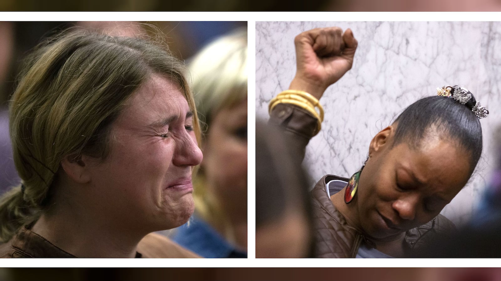 A relative of one of the victims, left, and assault victim Demetria Hester, right, react to the guilty verdicts against Jeremy Christian Friday, Feb. 21, 2020, in Portland, Ore. Christian, 37, was convicted of the May 2017 murders of Taliesin Namkai-Meche and Ricky Best, as well as multiple hate crimes, in a stabbing attack on a Portland MAX train. (Beth Nakamura/The Oregonian via AP)