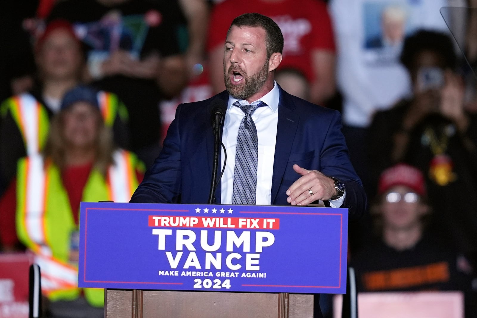 Sen. Markwayne Mullin, R-Okla., speaks before Republican presidential nominee former President Donald Trump at a campaign rally at Lee's Family Forum, Thursday, Oct. 31, 2024, in Henderson, Nev. (AP Photo/Evan Vucci)