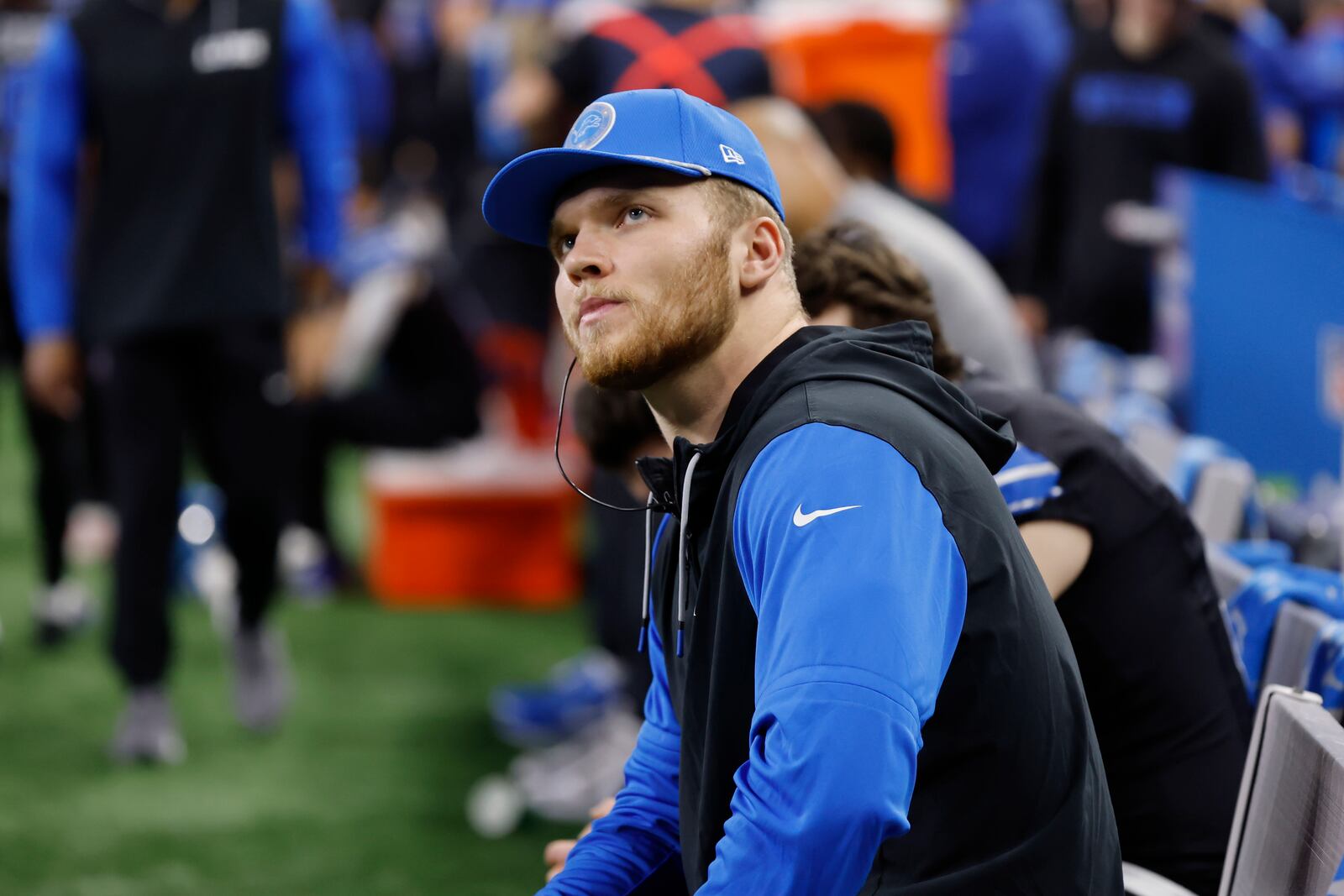 Detroit Lions' Aidan Hutchinson is seen on the sideline during the first half of an NFL football game against the Minnesota Vikings, Sunday, Jan. 5, 2025, in Detroit. (AP Photo/Rey Del Rio)