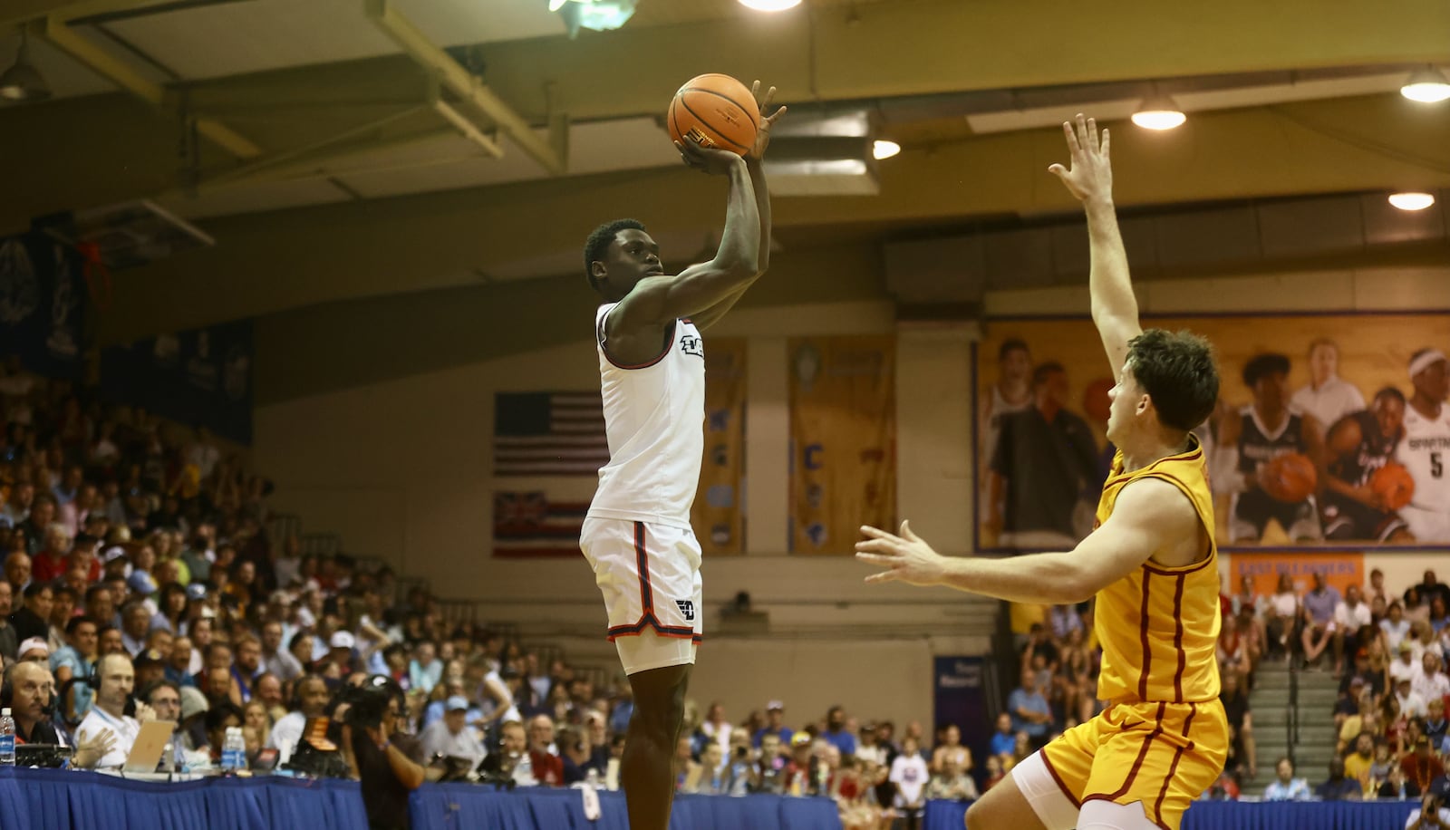 Dayton's Enoch Cheeks makes a go-ahead 3-pointer in the second half against Iowa State in the Maui Invitational on Monday, Nov. 25, 2024, at the Lahaina Civic Center. David Jablonski/Staff