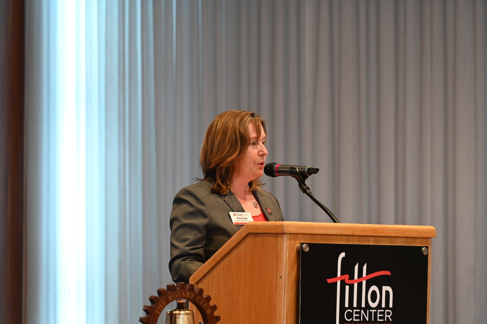 The leaders of several educational institutions in Hamilton spoke at the annual State of the Schools address at the Fitton Center on Thursday, Feb. 20, 2025. Pictures is Moira Casey, Miami University’s Regional Senior Associate Dean for Academic Affairs. MICHAEL D. PITMAN/STAFF